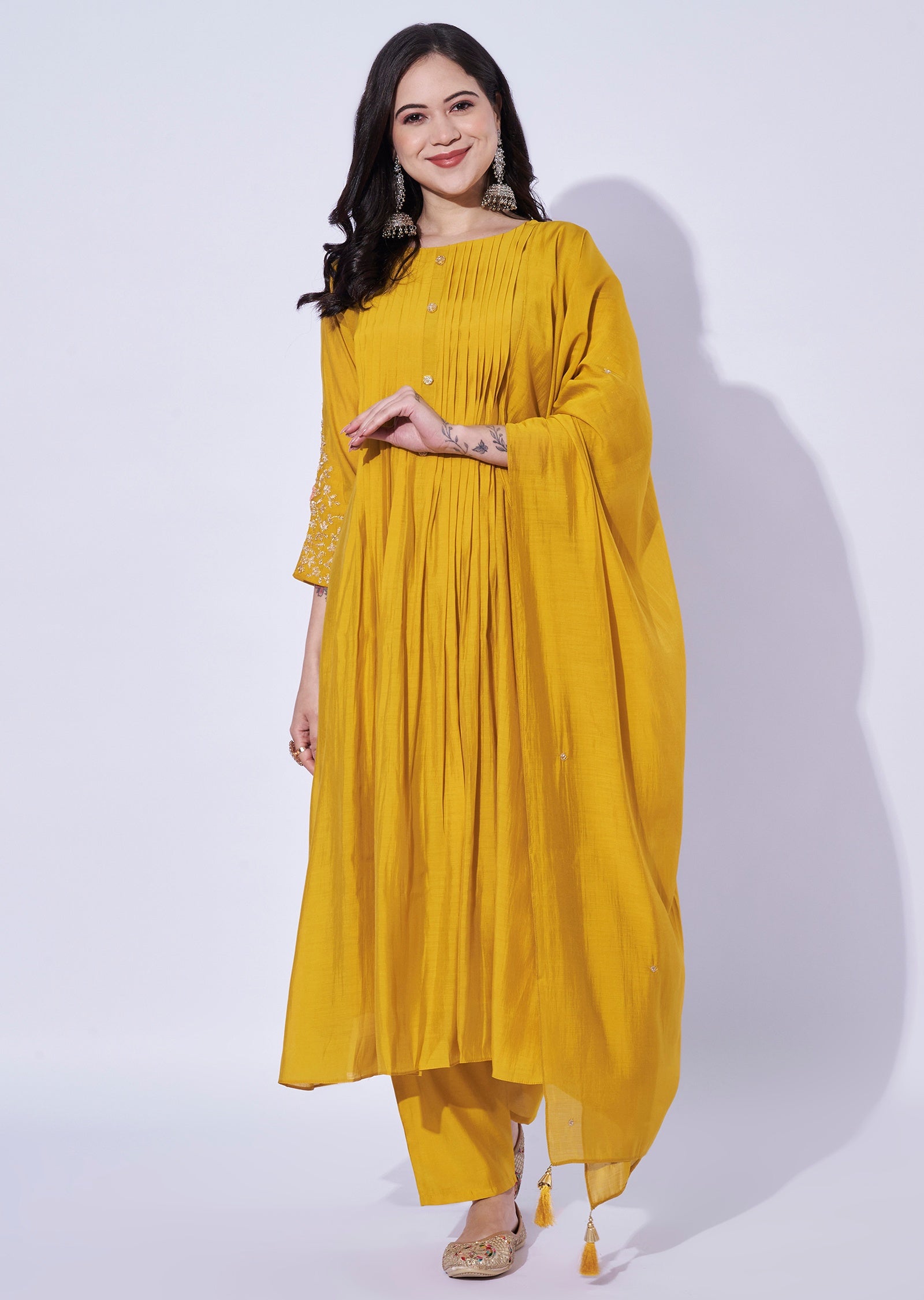 Yellow Mul Chanderi Anarkali Suit