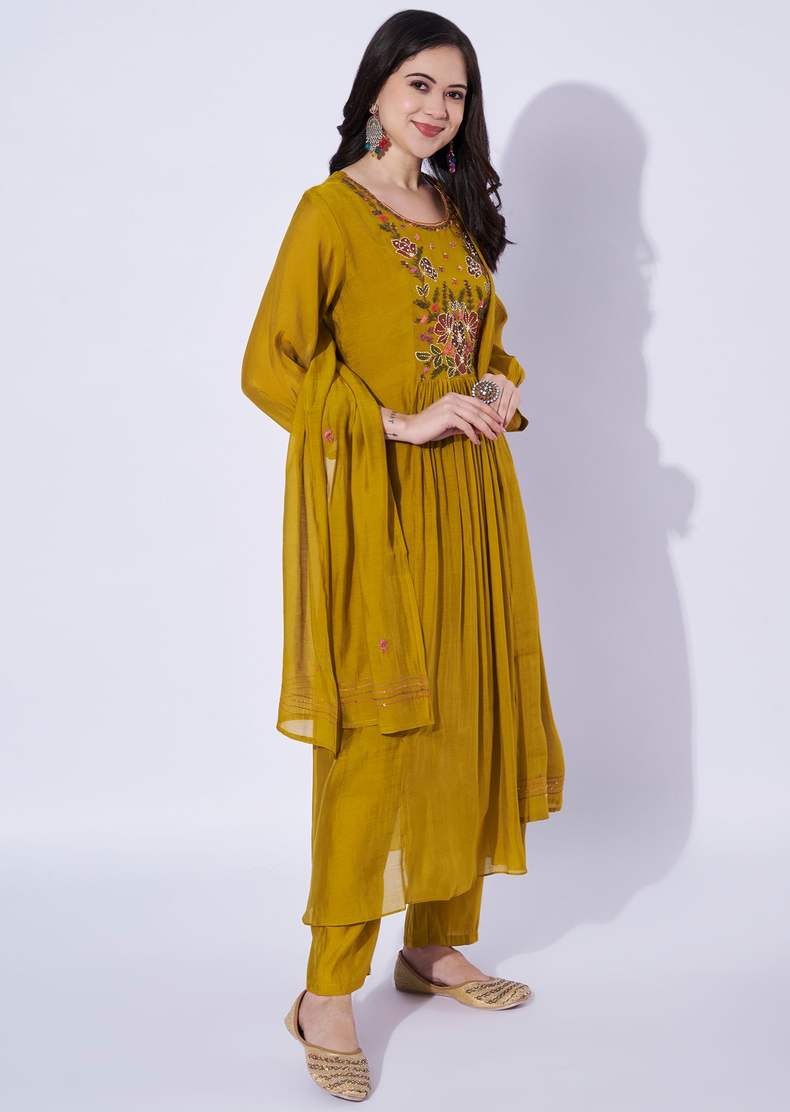 Mustard yellow Mul Chanderi Anarkali