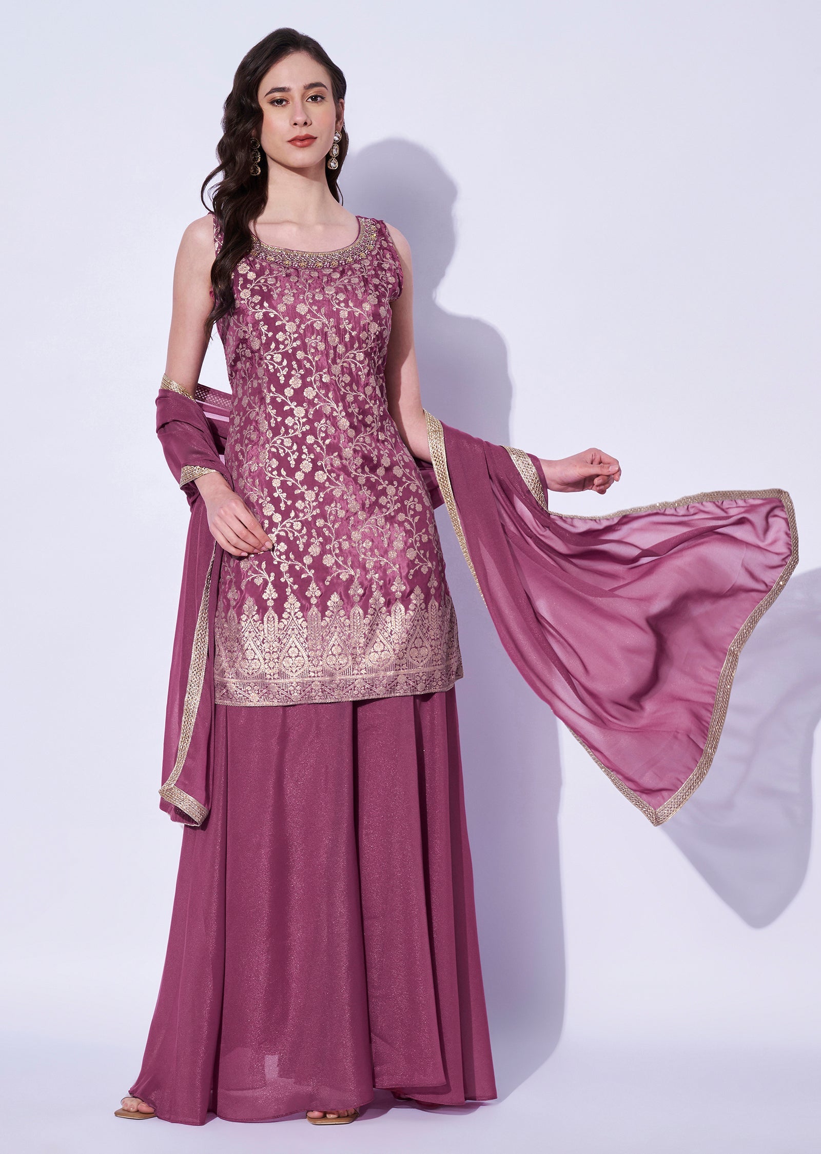 Onion Pink Silk Sharara Set