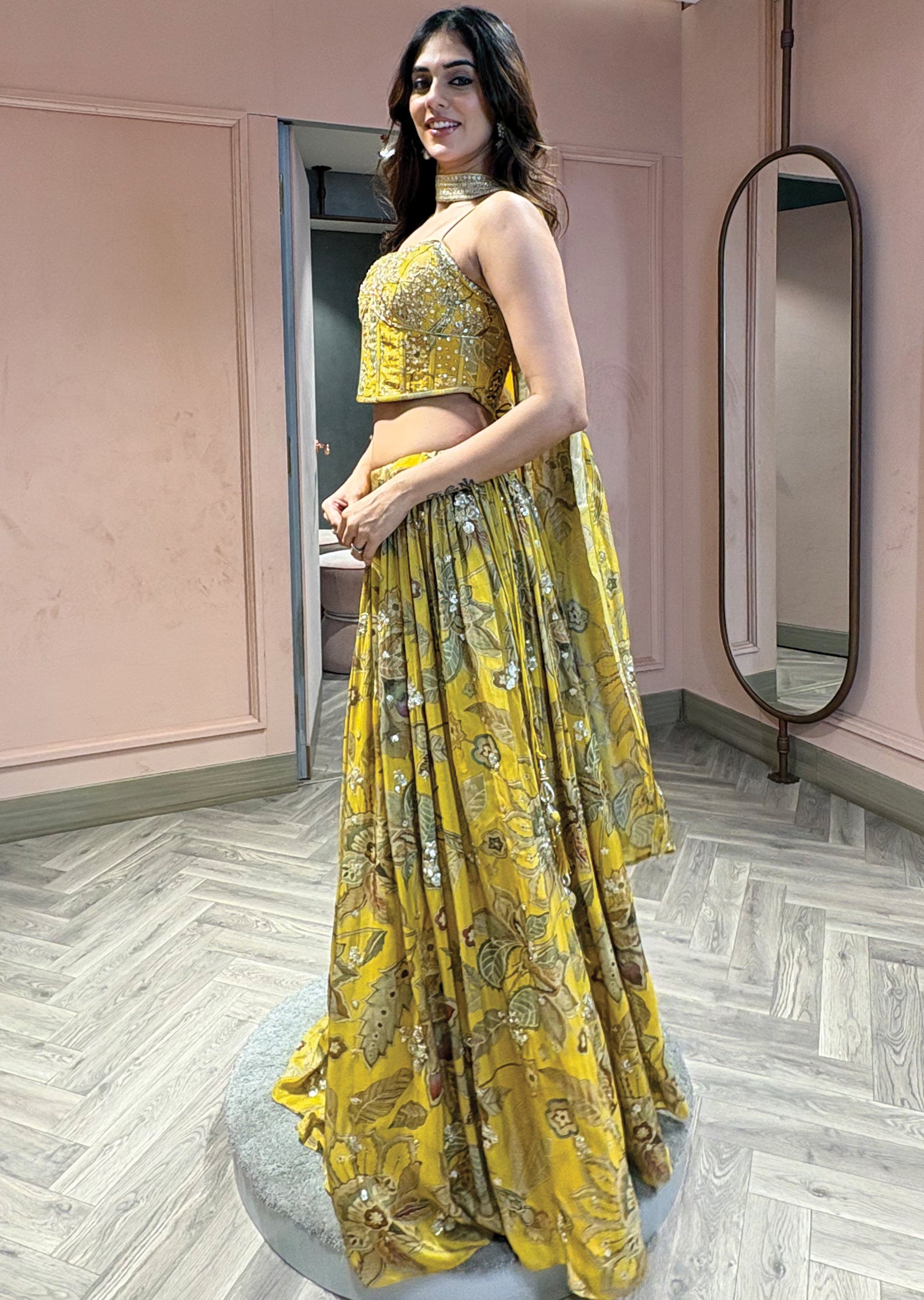 Mustard yellow floral printed corset lehenga