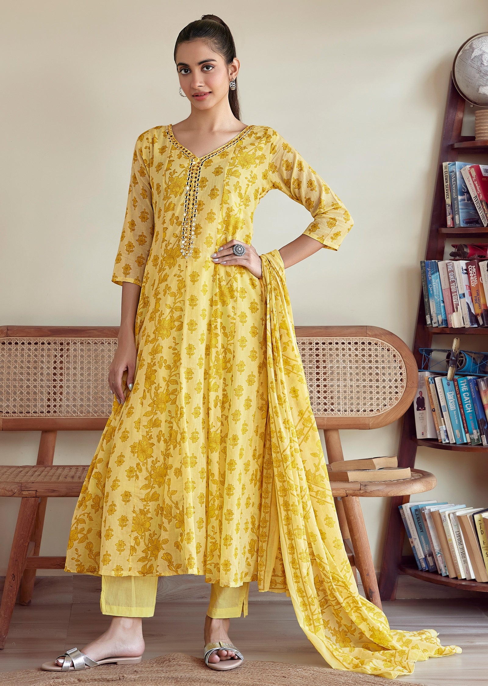 Yellow cotton Anarkali