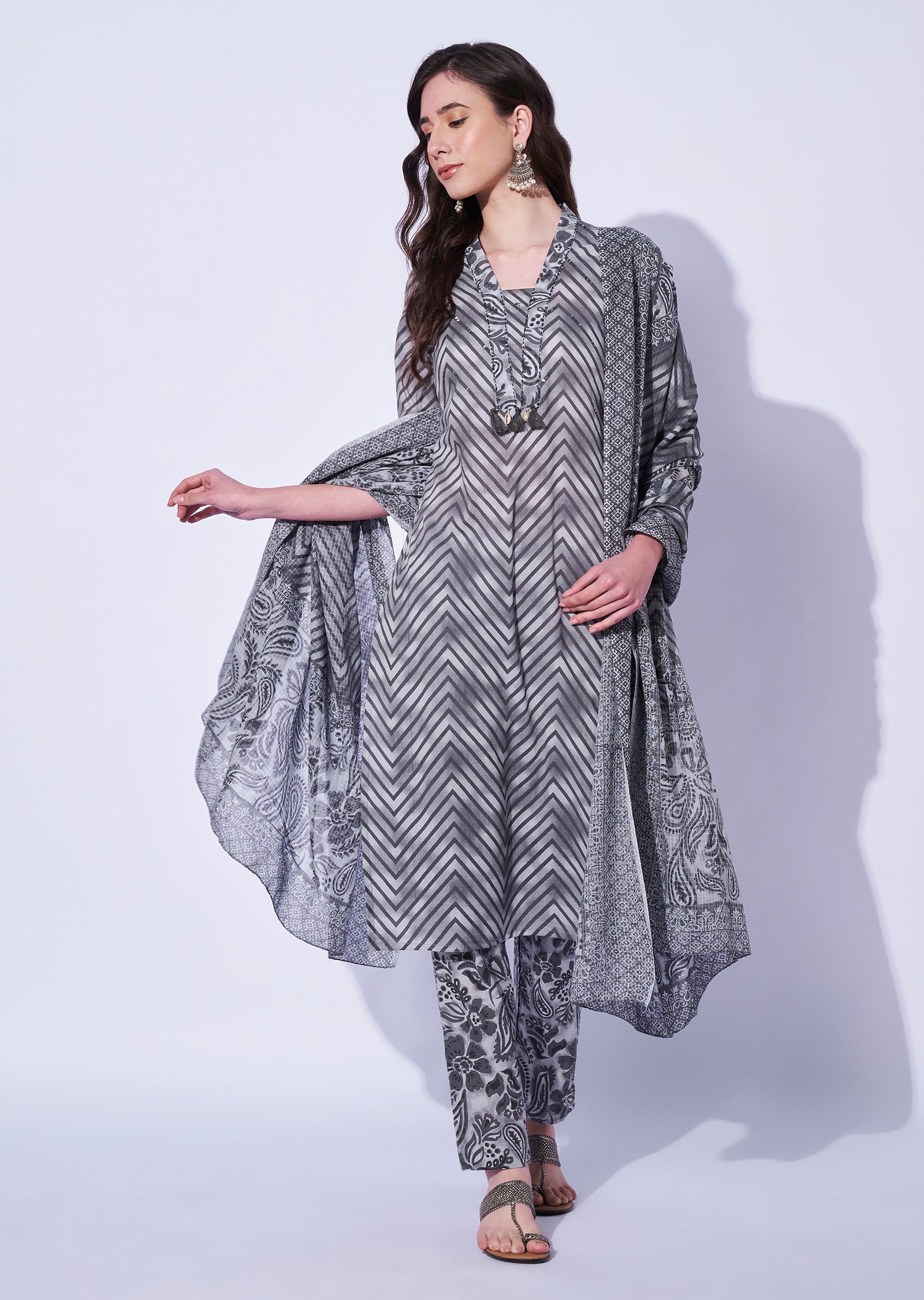 Grey Cotton Straight Cut Kurti Set