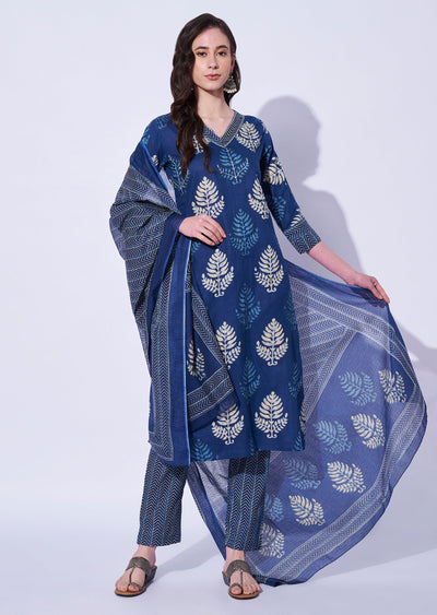 Blue Cotton Straight Cut Kurti Set