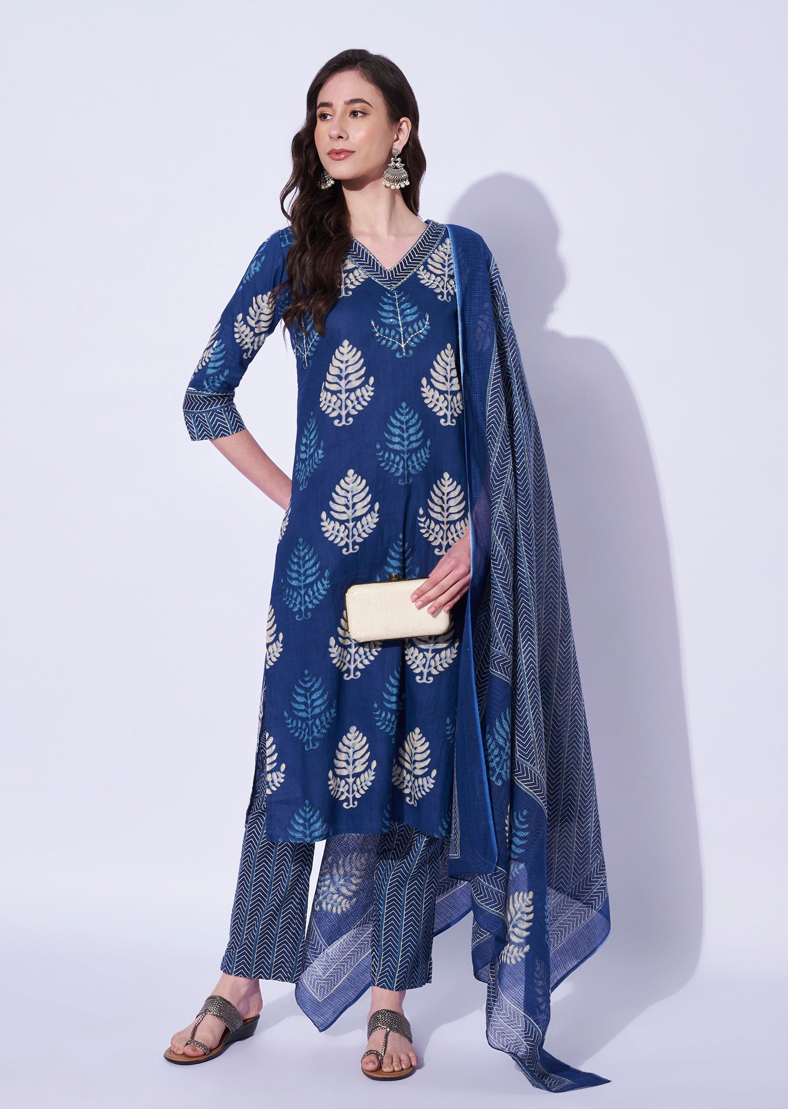 Blue Cotton Straight Cut Kurti Set