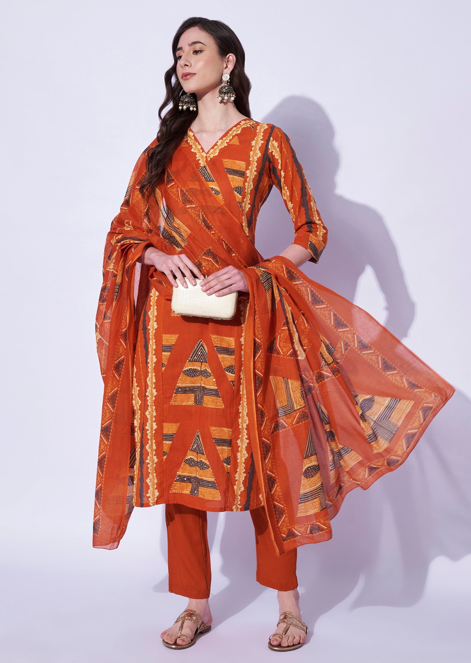 Rust Cotton Straight Cut Kurti Set