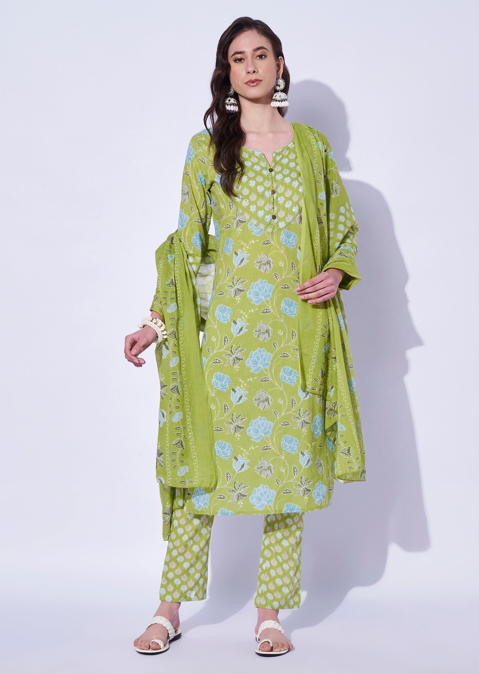 Parrot Green Cotton Straight Cut Kurti Set