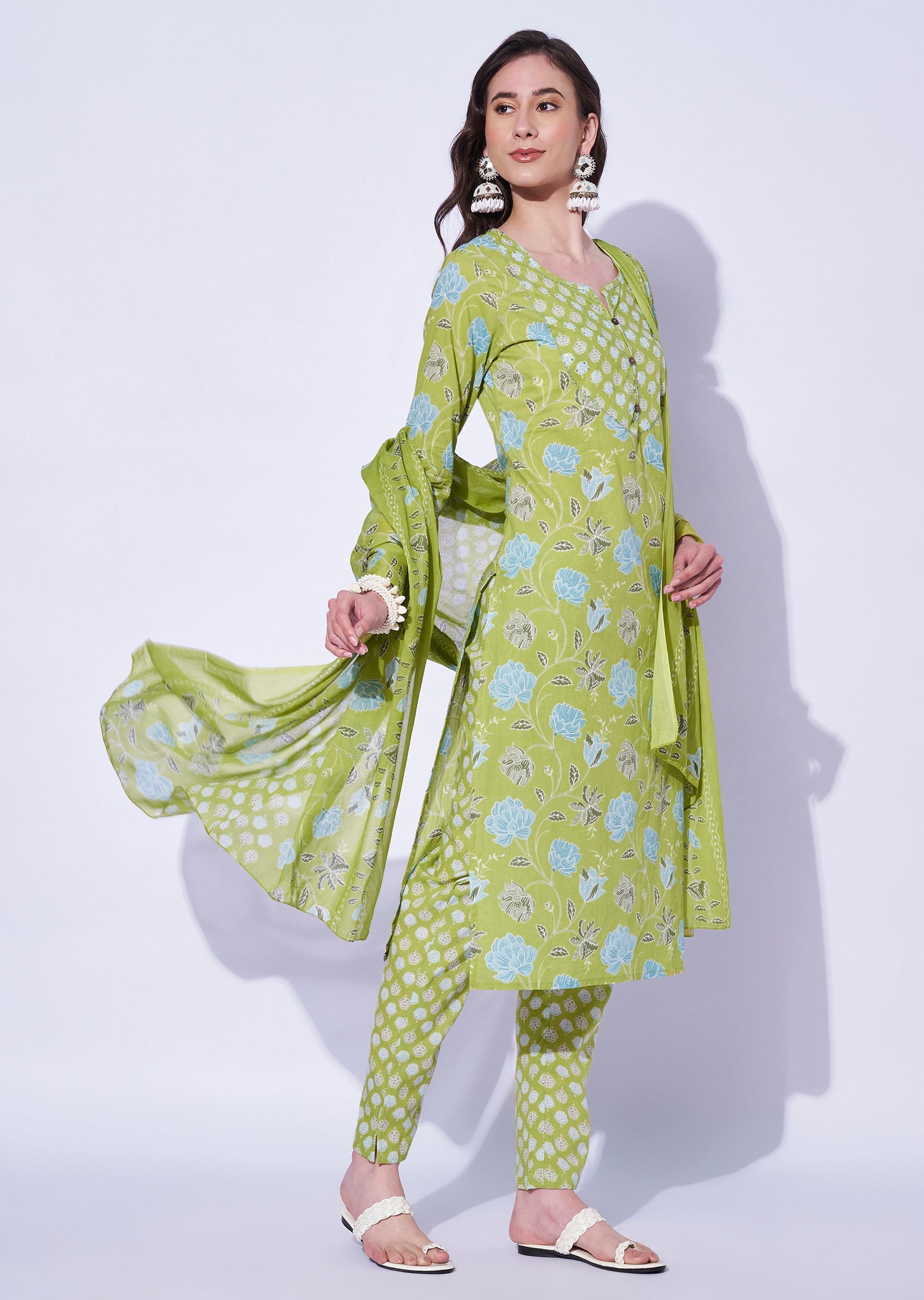 Parrot Green Cotton Straight Cut Kurti Set