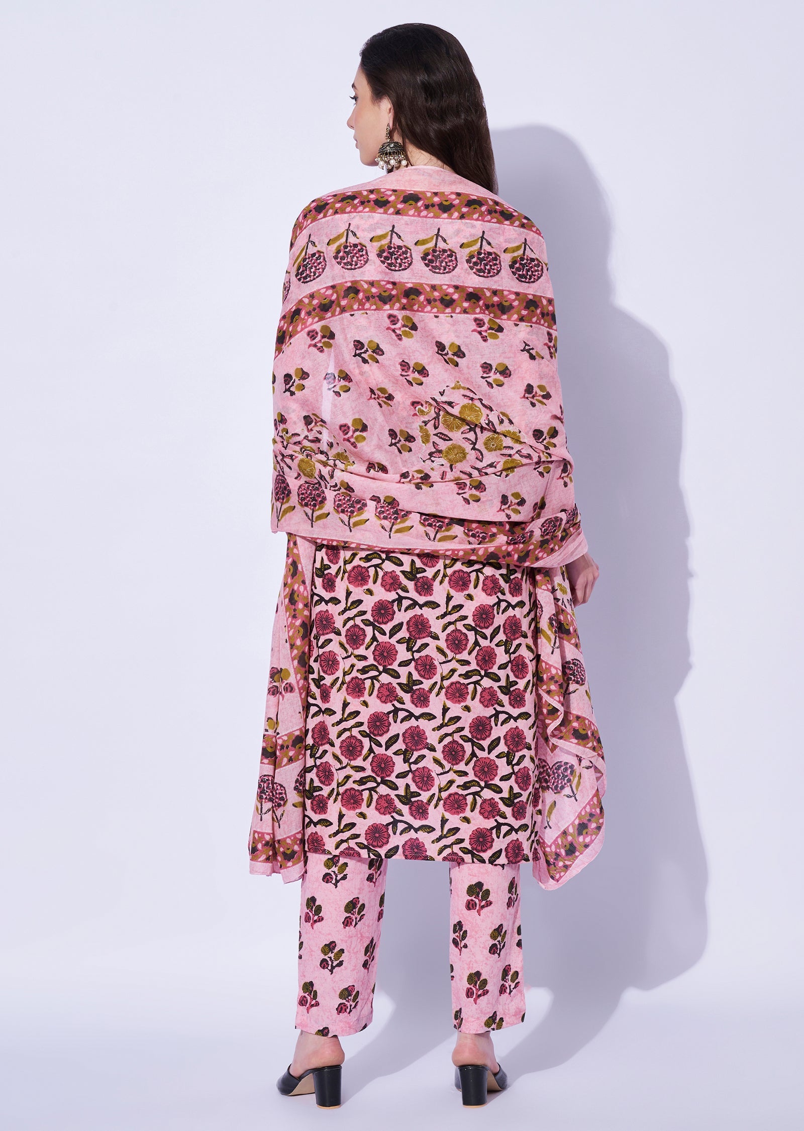 Pink Cotton Straight Cut Kurti Set