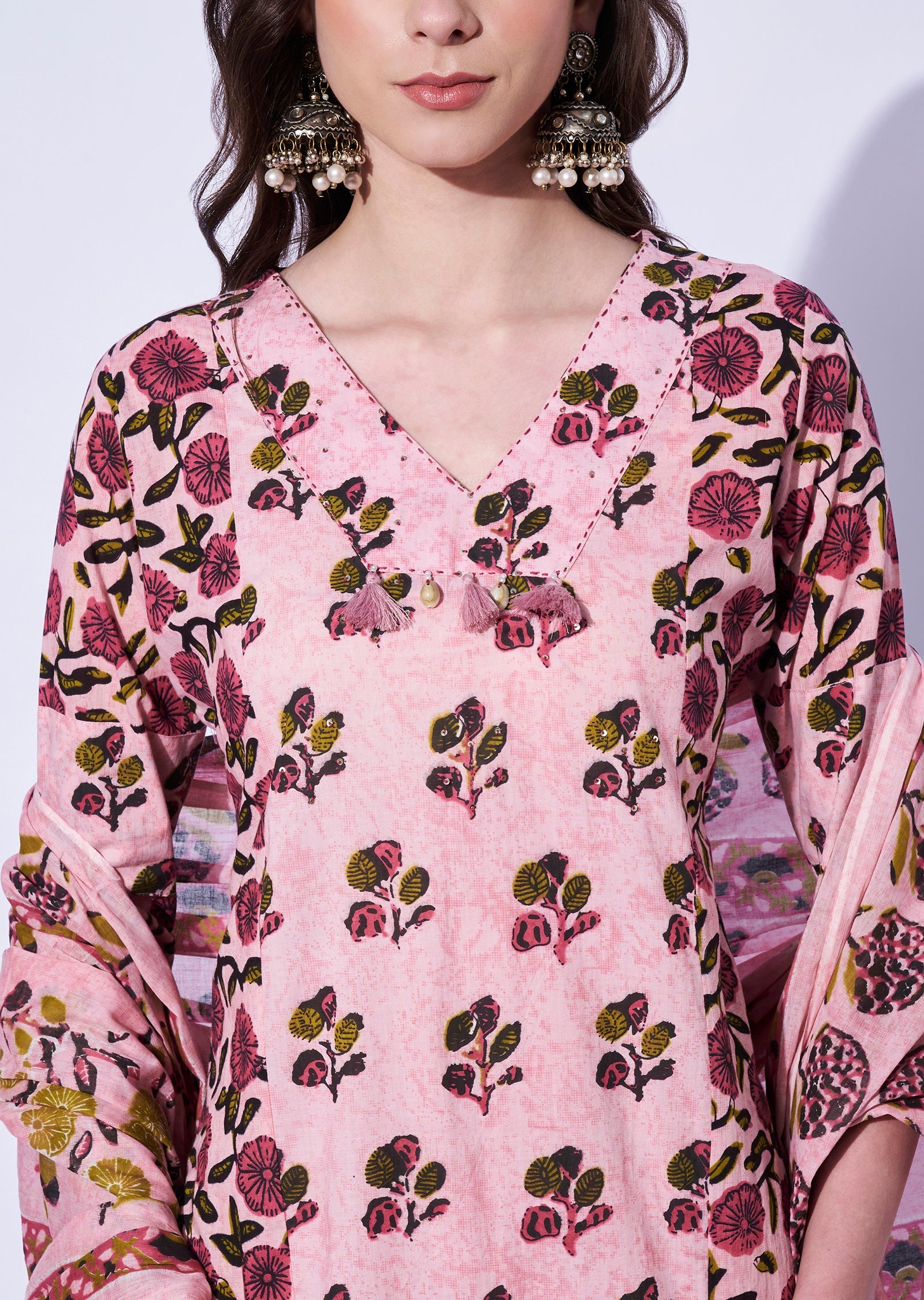 Pink Cotton Straight Cut Kurti Set