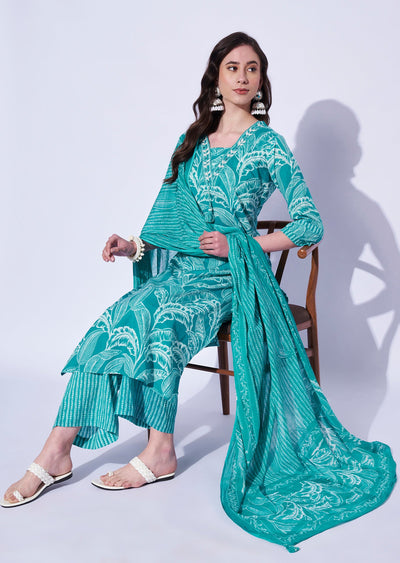 Sea Green Cotton Straight Cut Kurti Set