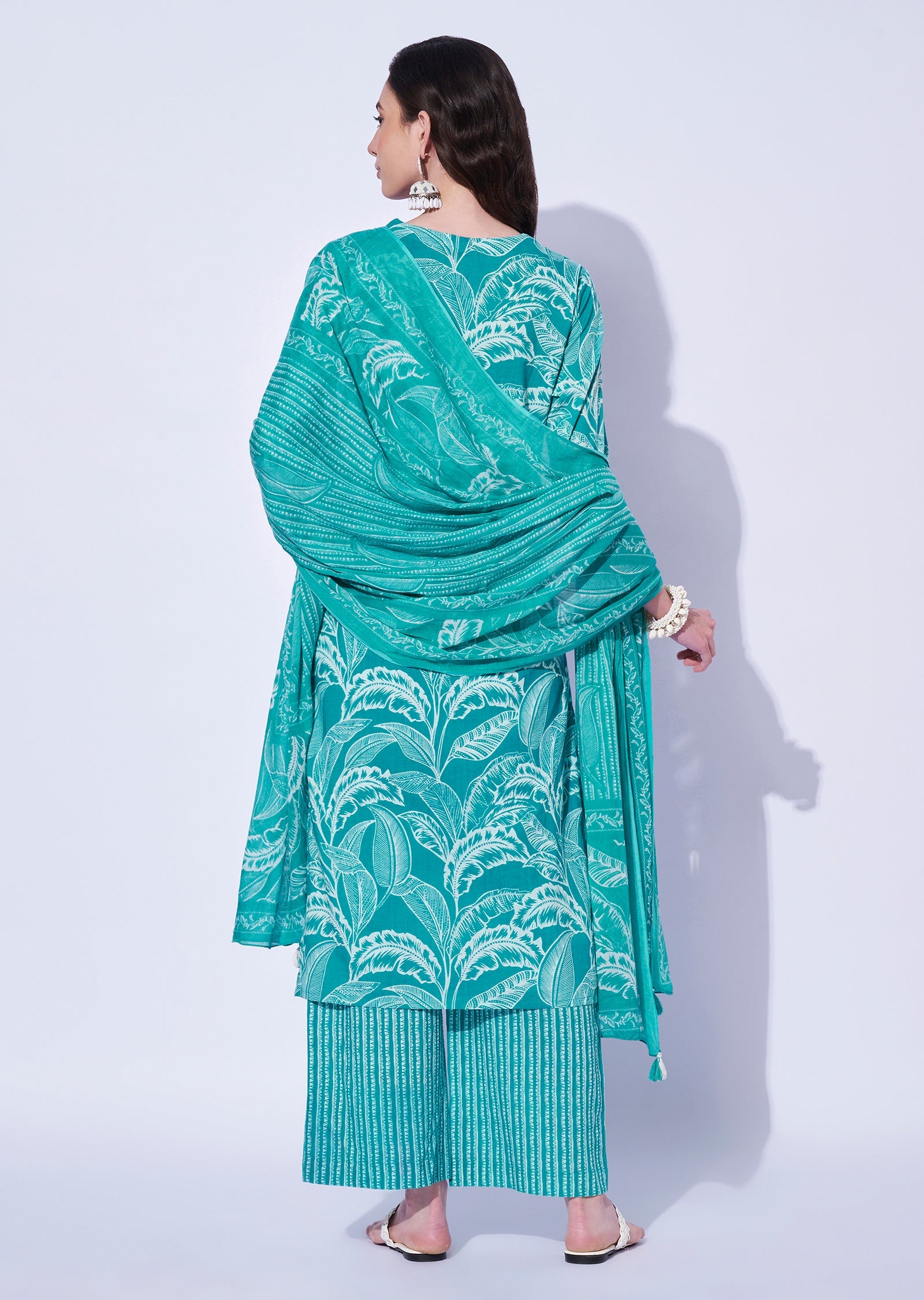 Sea Green Cotton Straight Cut Kurti Set