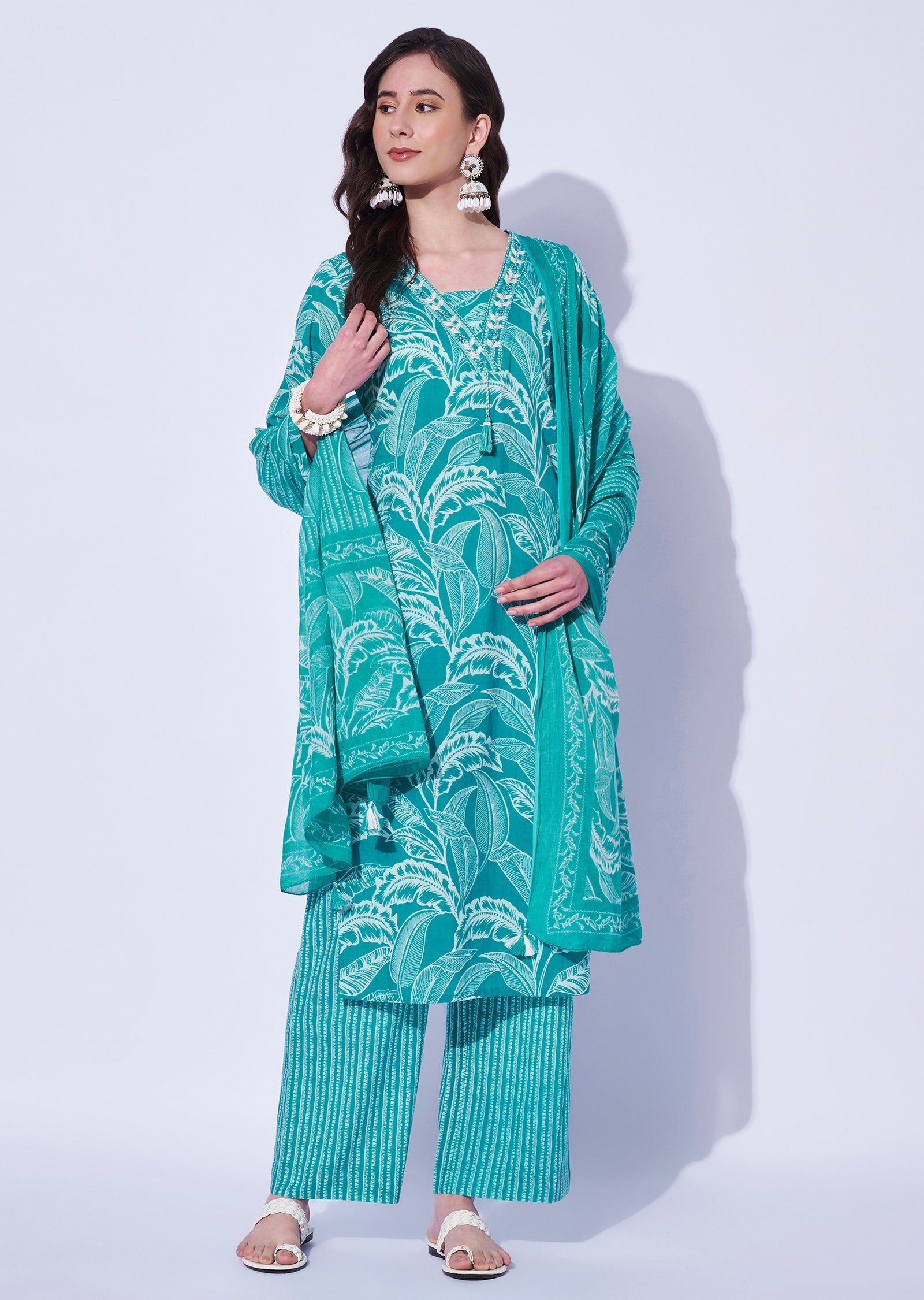 Sea Green Cotton Straight Cut Kurti Set