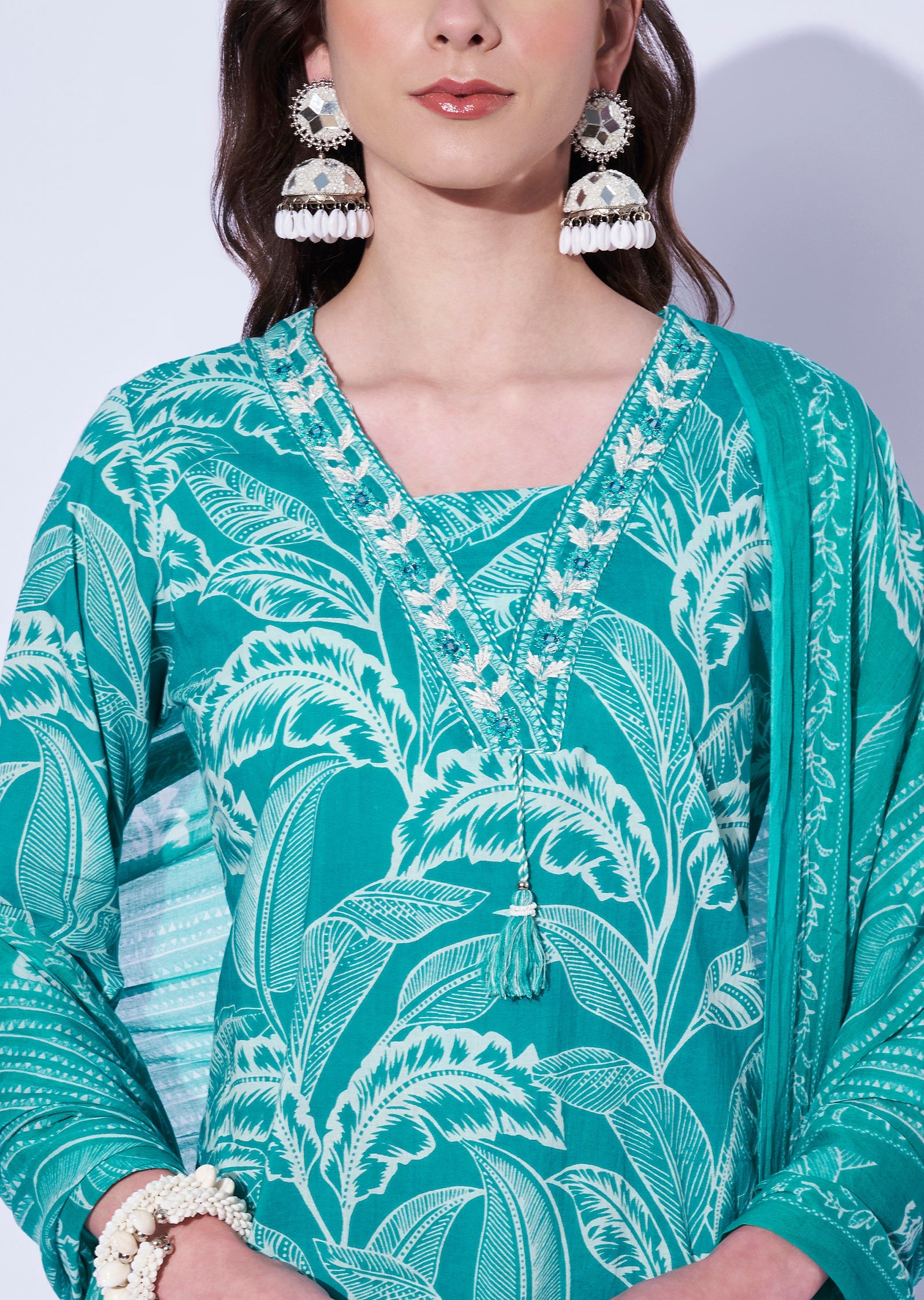 Sea Green Cotton Straight Cut Kurti Set