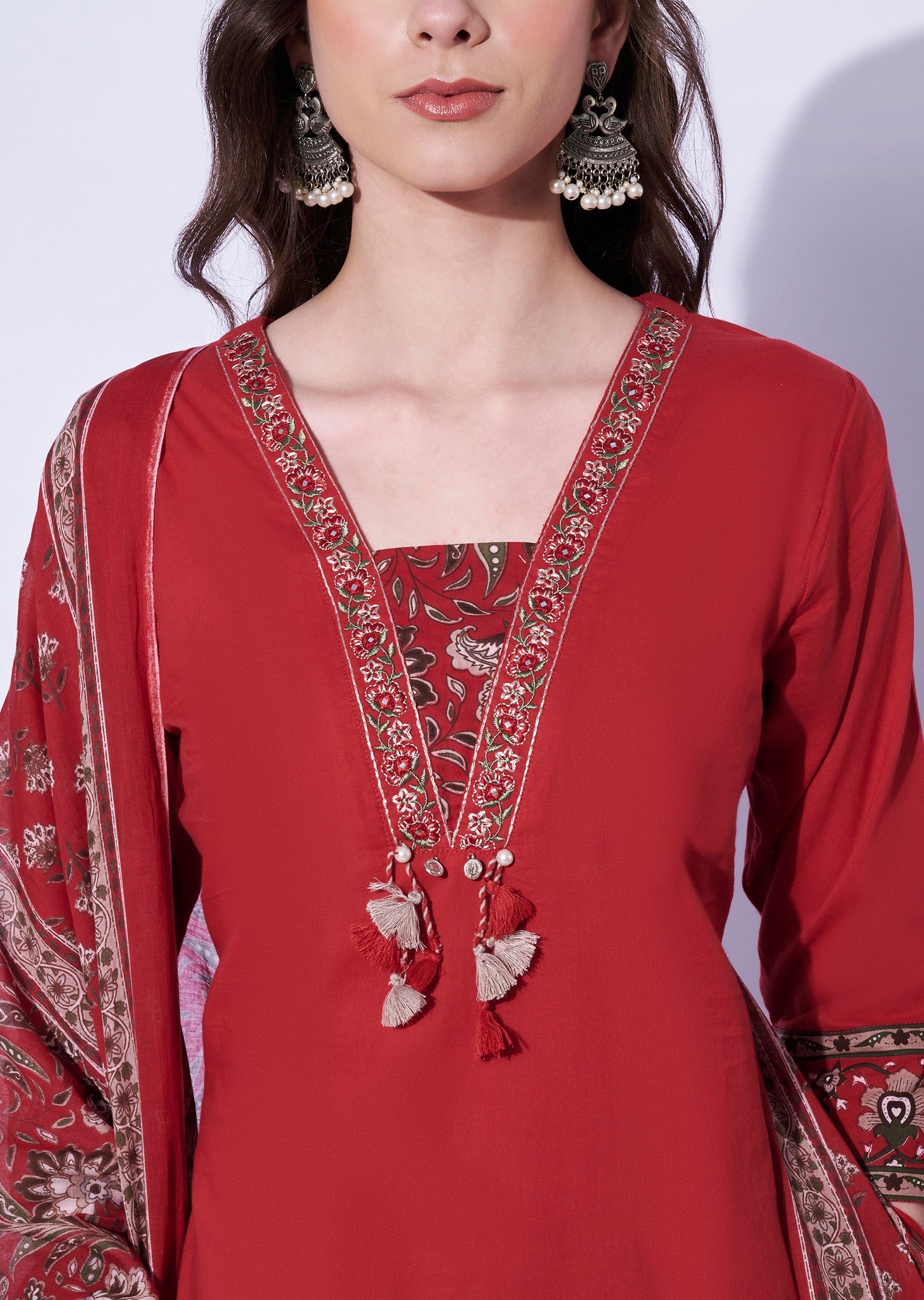 Red Cotton Straight Cut Kurti Set