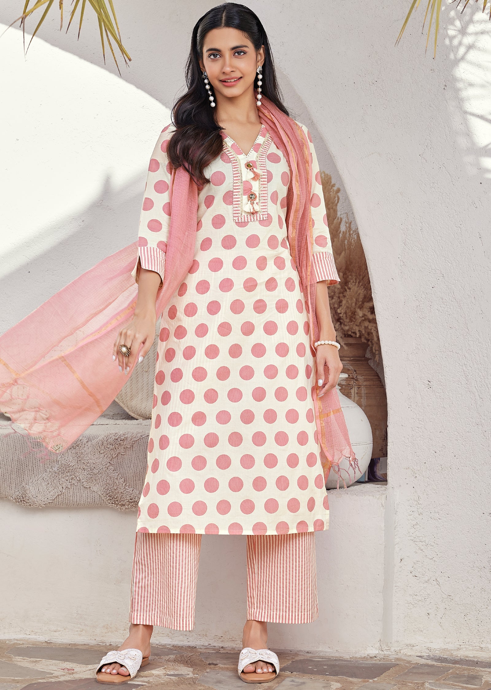 Pink Cotton Straight cut kurti Set
