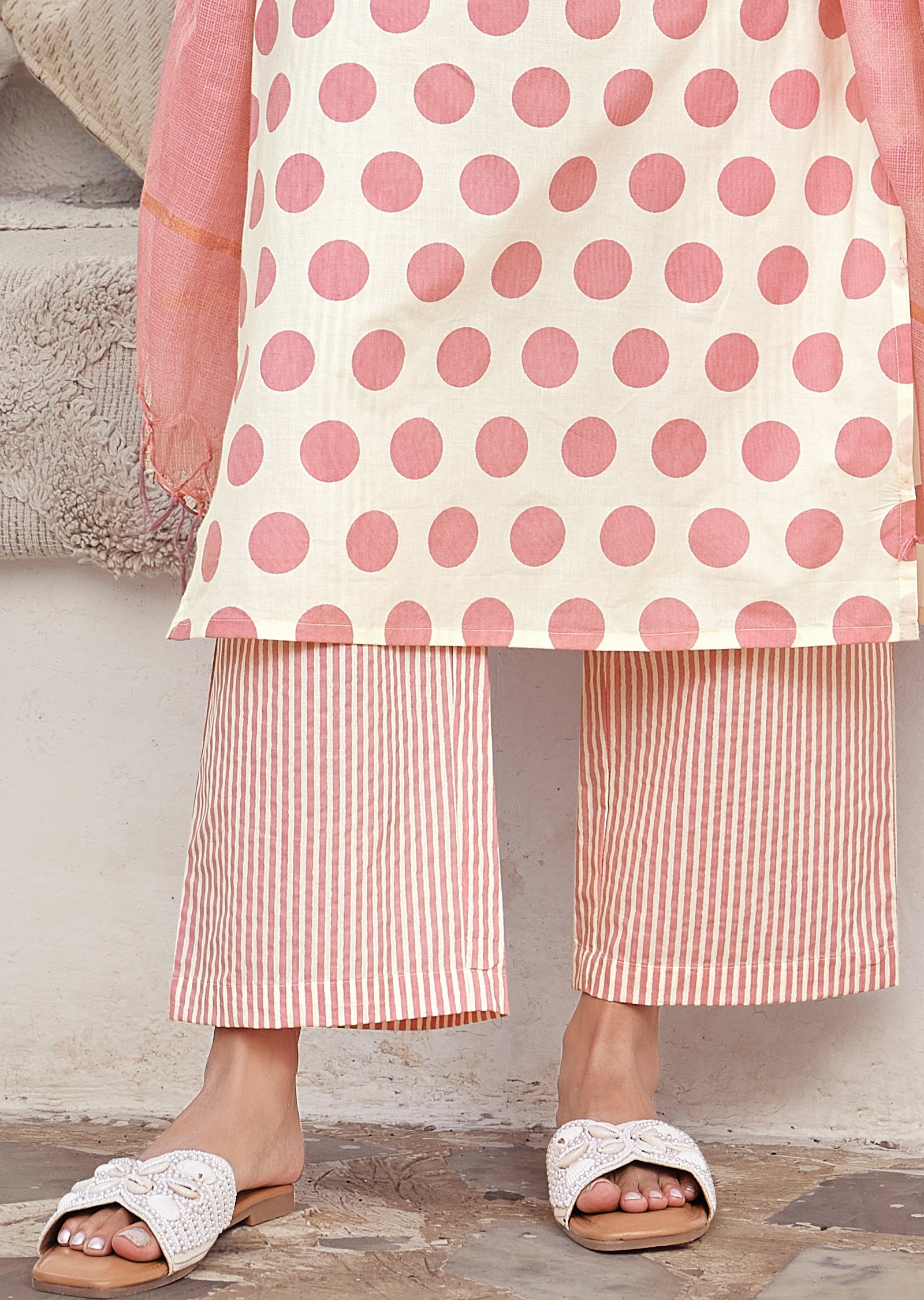 Pink Cotton Straight cut kurti Set