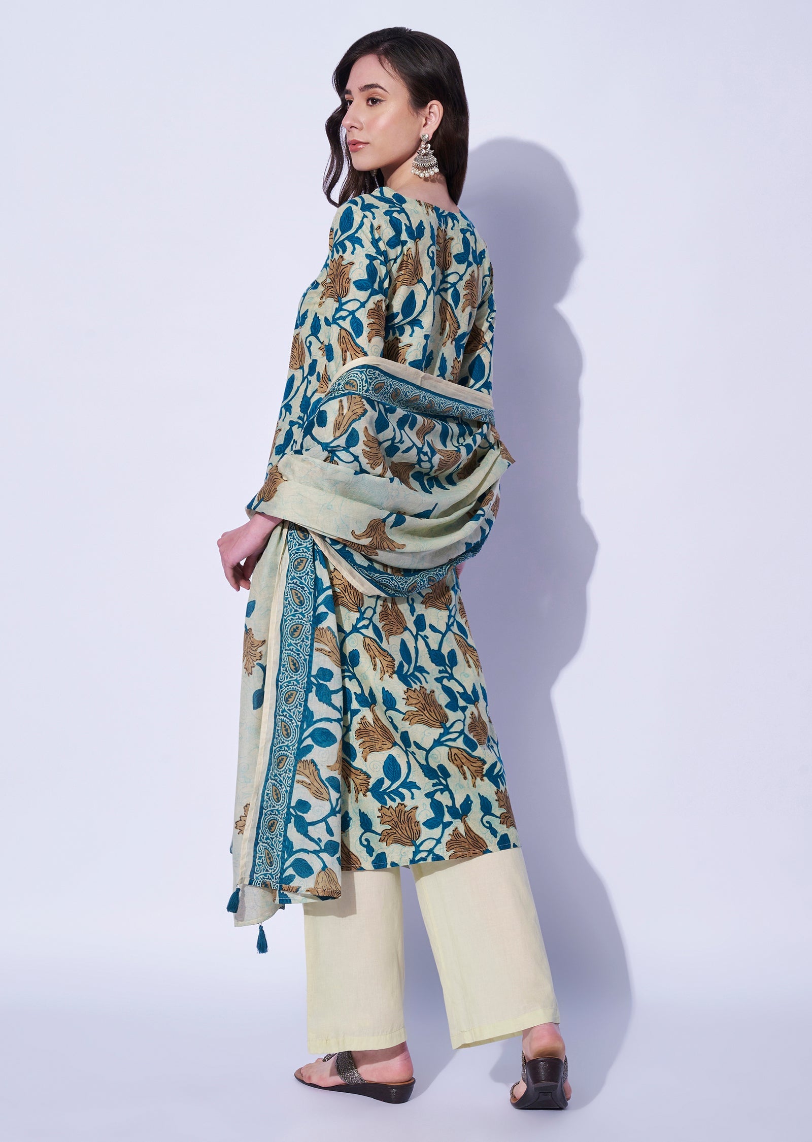 Rama Blue Cotton Straight Cut Kurti Set