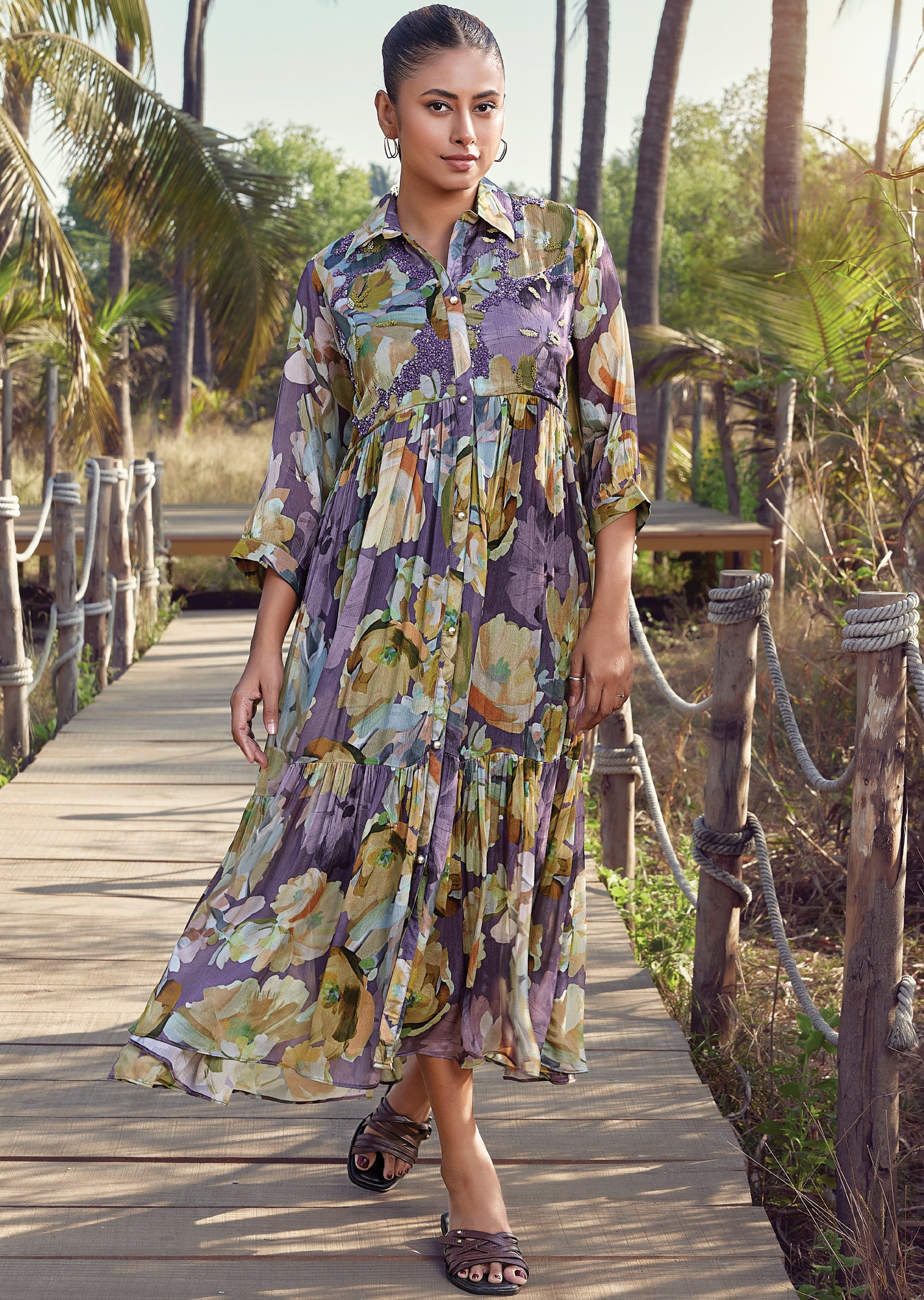 Purple Chinnon Frock Style kurti