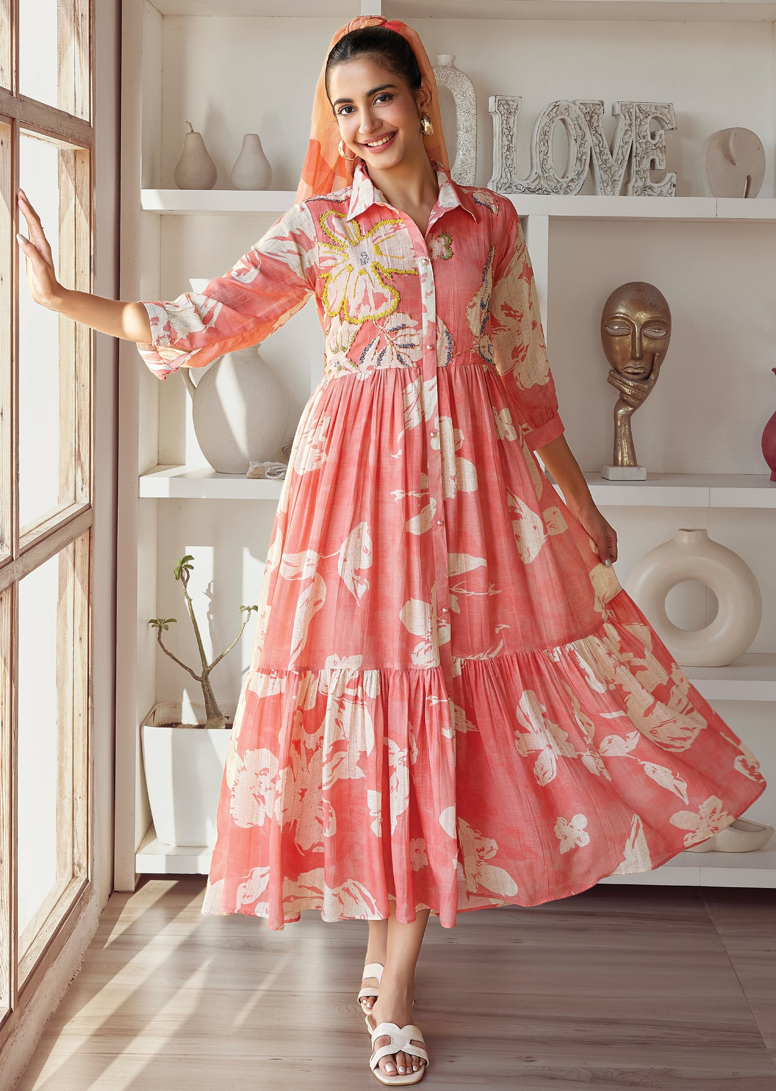 Peach Linen Frock Style kurti