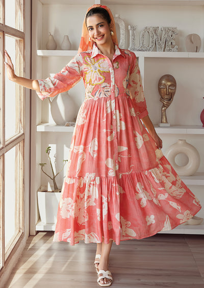 Peach Linen Frock Style kurti