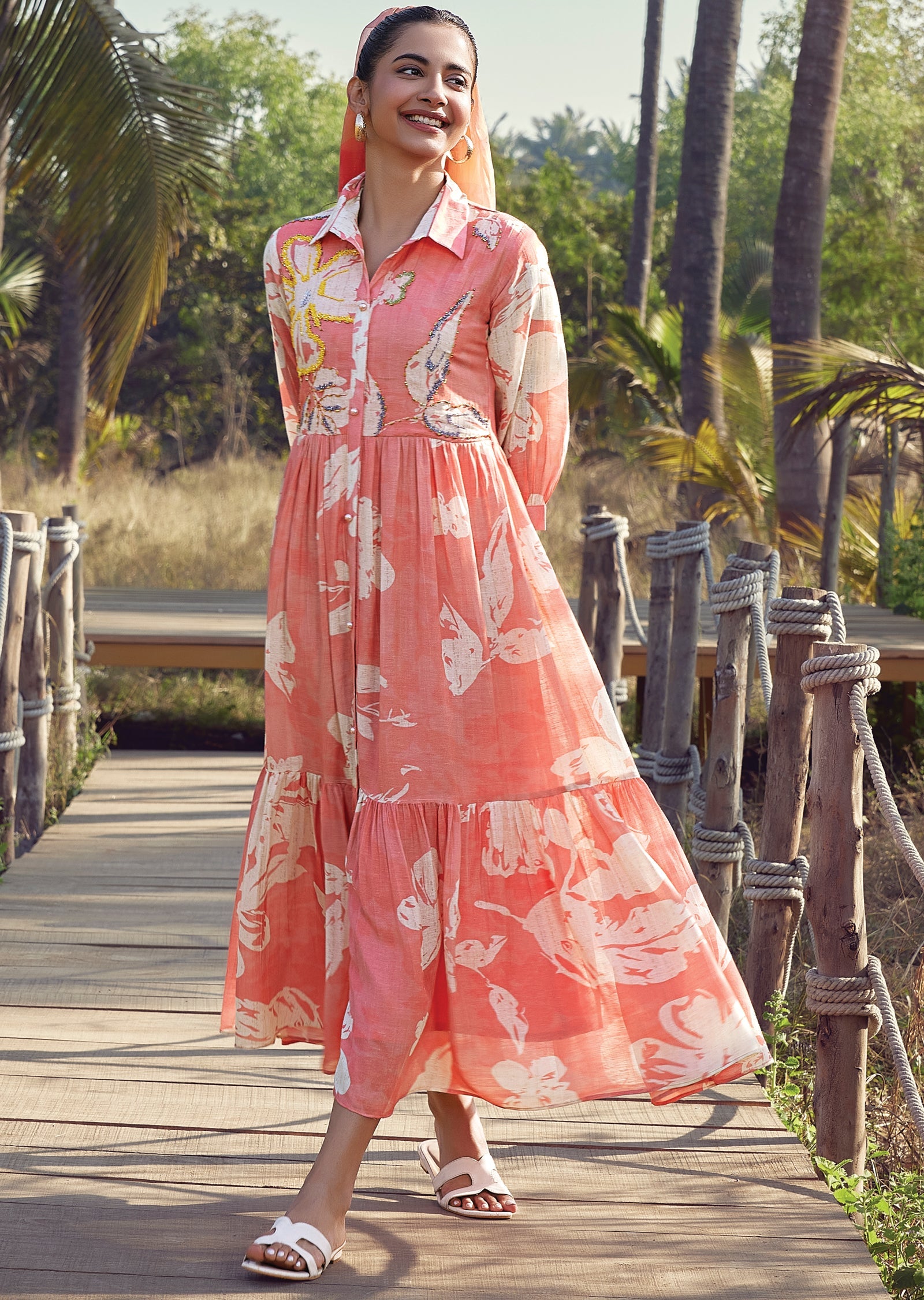 Peach Linen Frock Style kurti