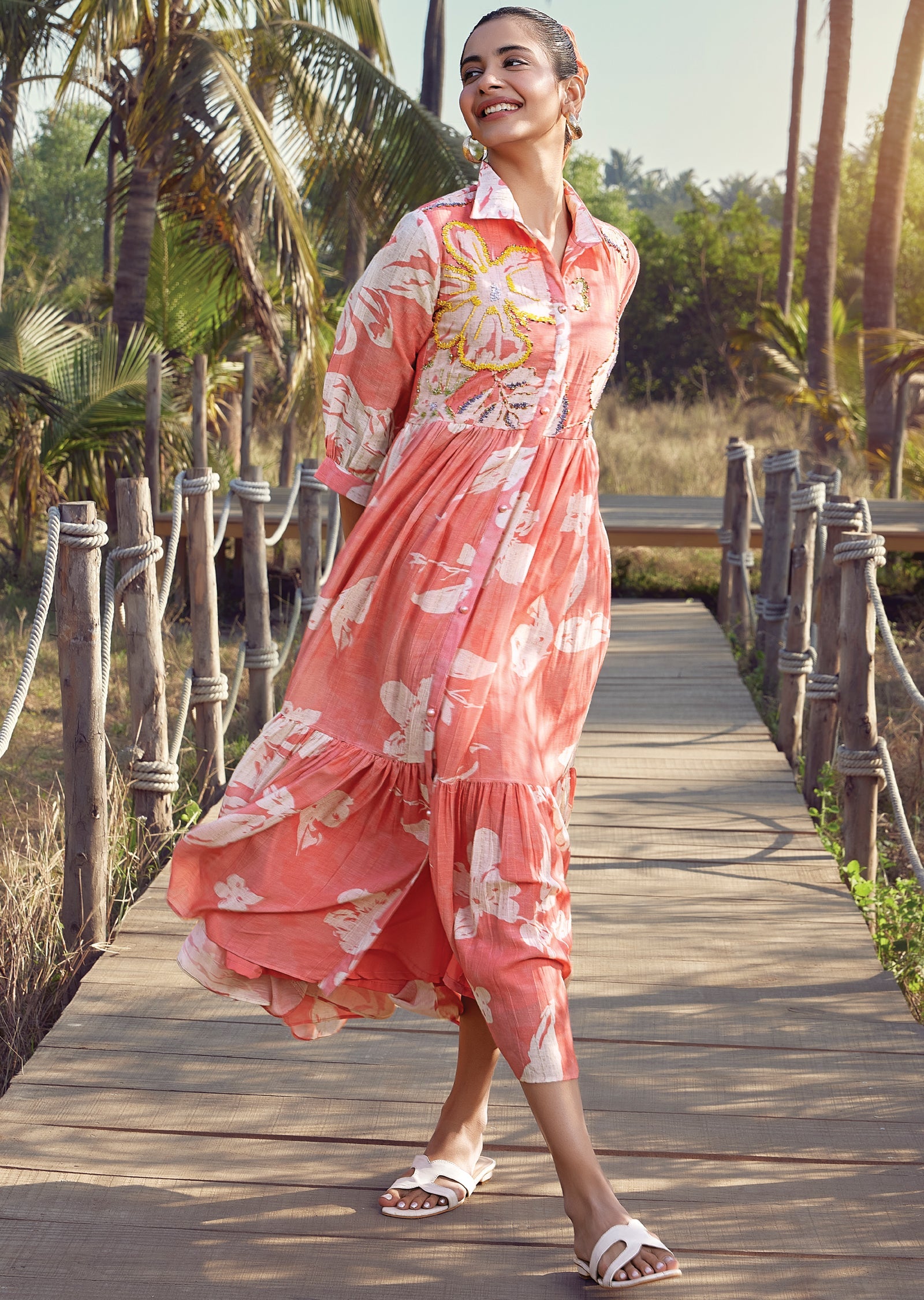 Peach Linen Frock Style kurti