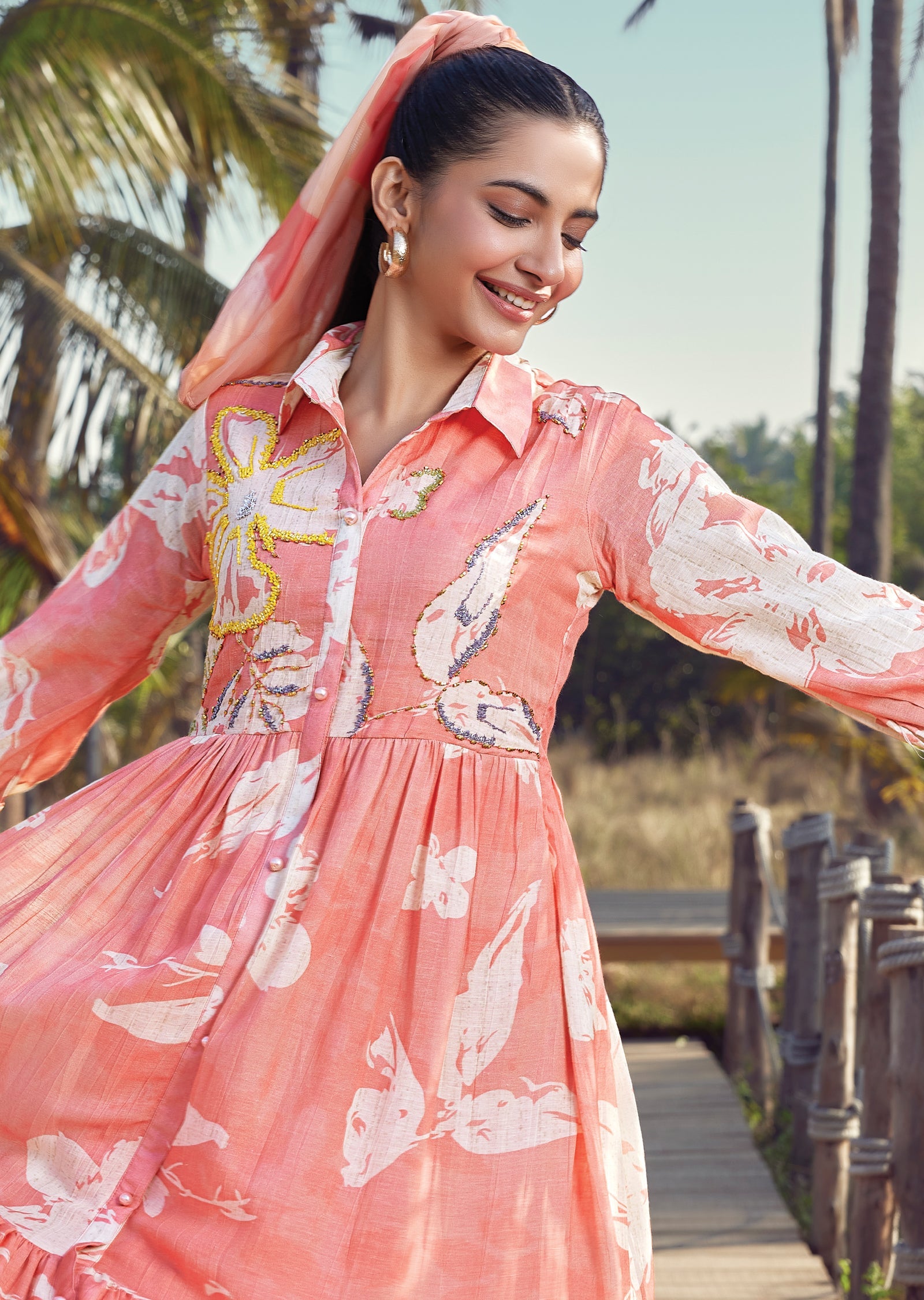 Peach Linen Frock Style kurti