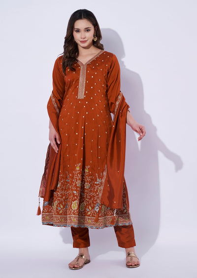 Rust Silk Anarkali Set