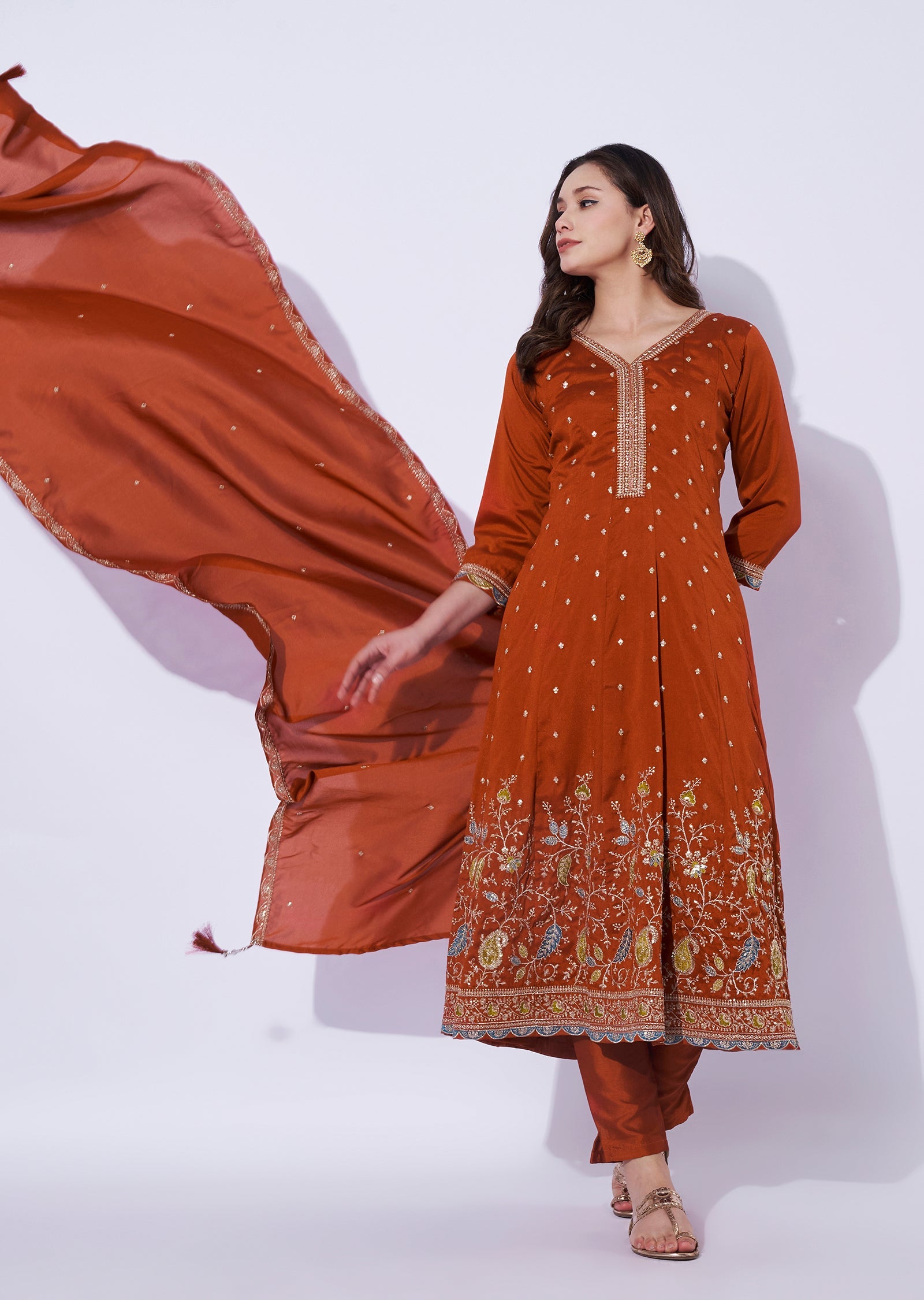 Rust Silk Anarkali Set