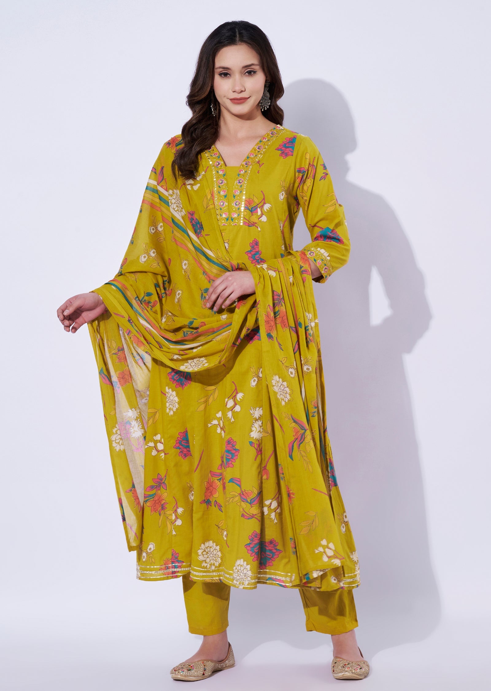 Mustard Cotton Anarkali Set