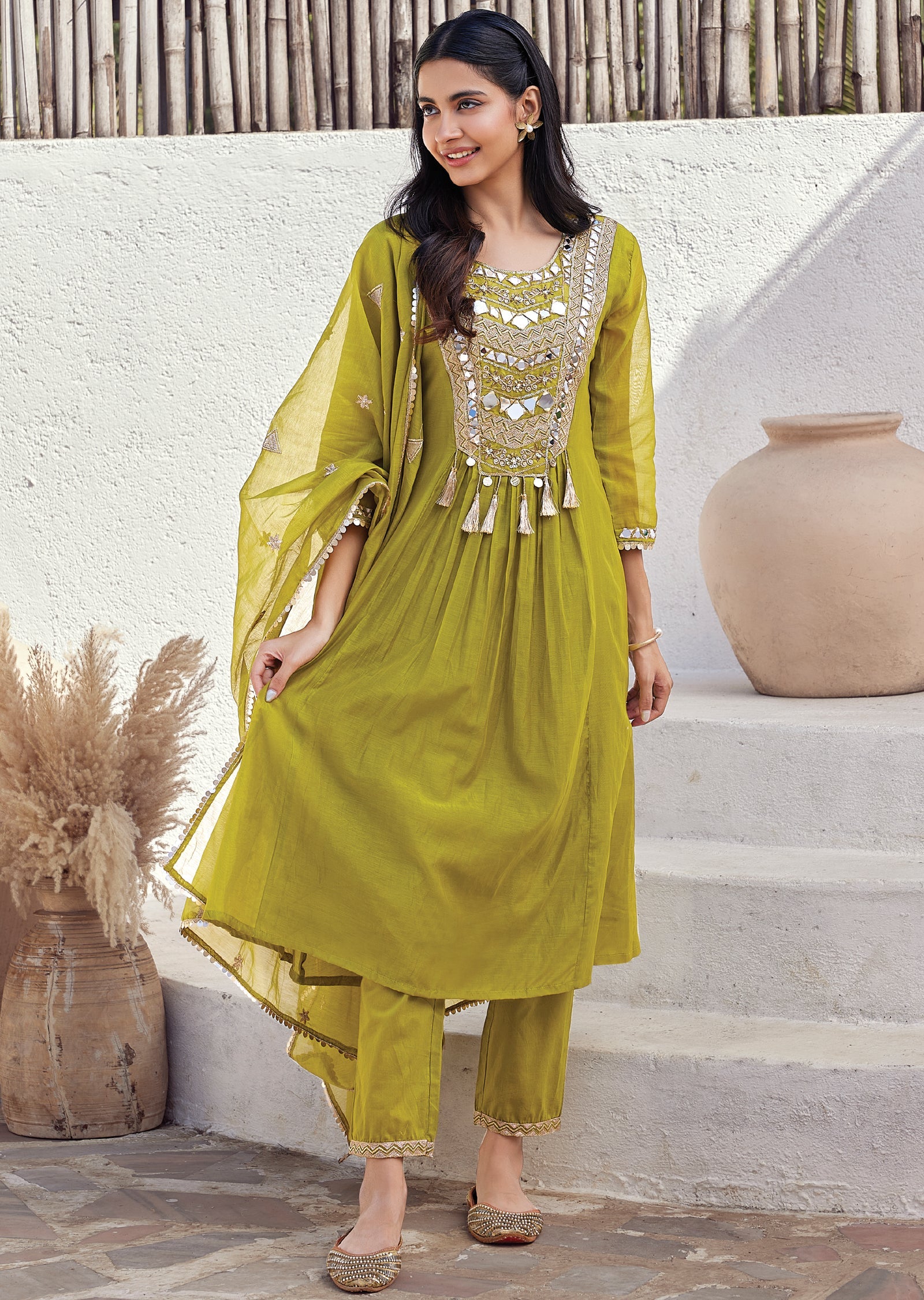 Green Mul chanderi Anarkali