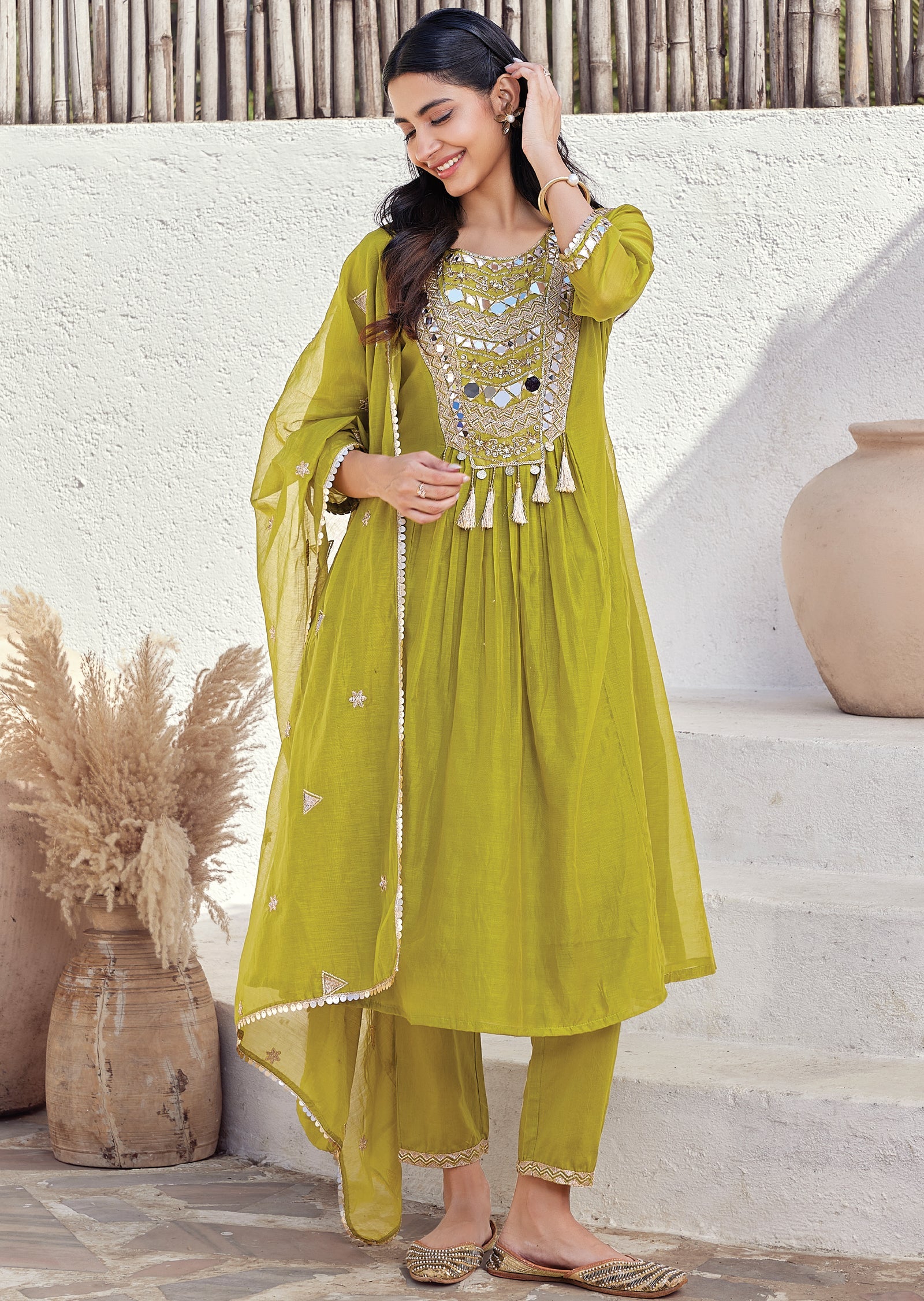 Green Mul chanderi Anarkali