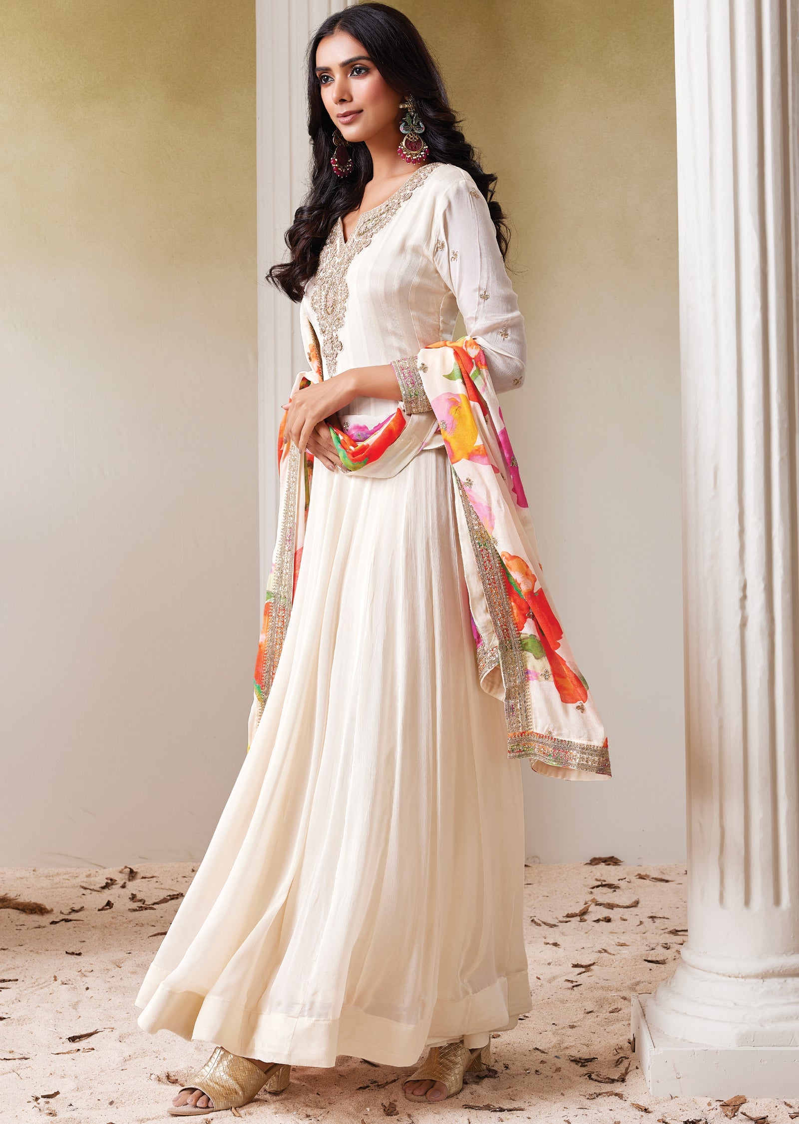 Cream Chinnon Anarkali (No Bottom)