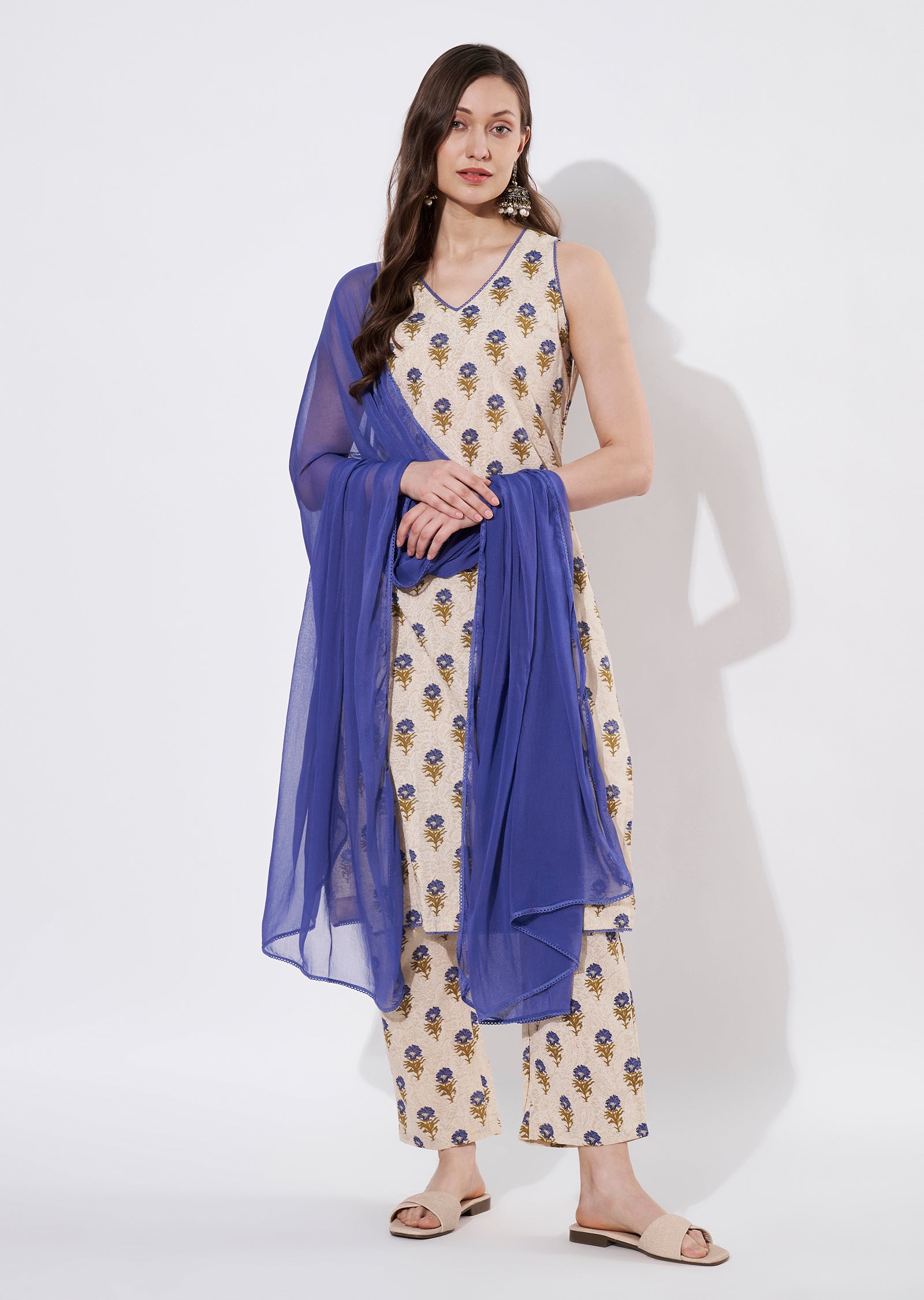 Blue Cotton Straight cut suit