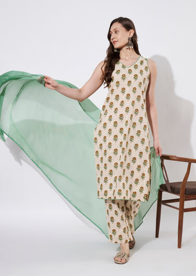 Green Cotton Straight cut suit