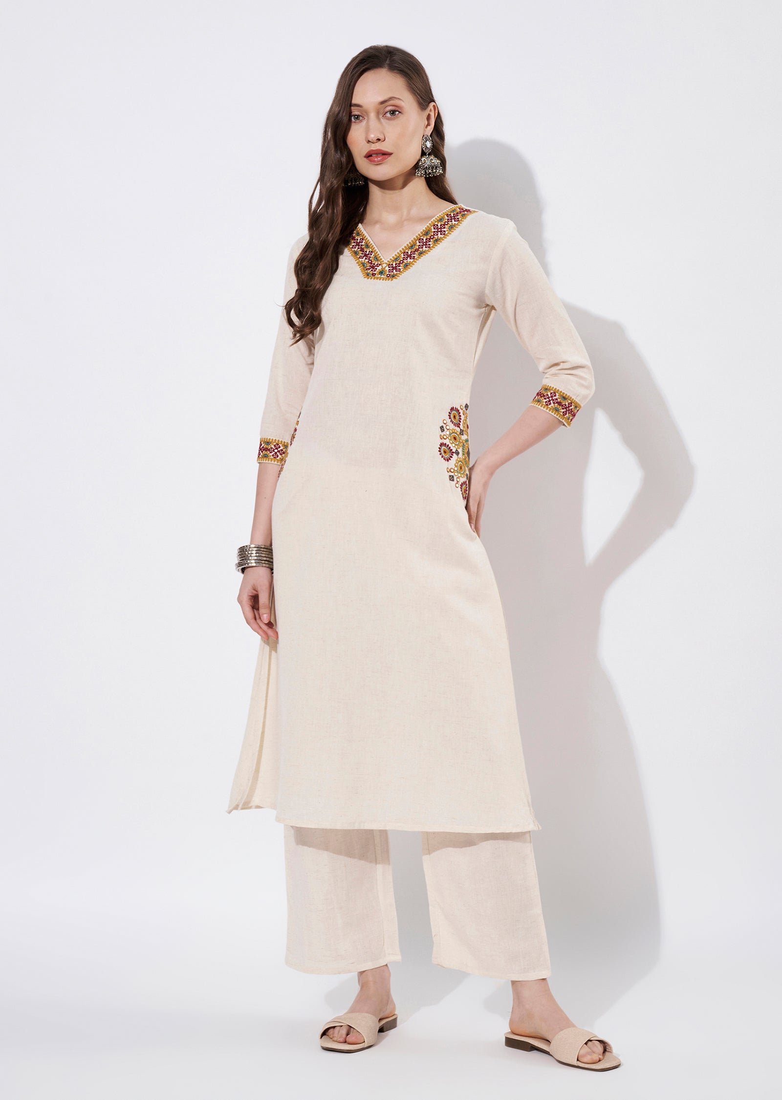 Beige Cotton Straight cut set