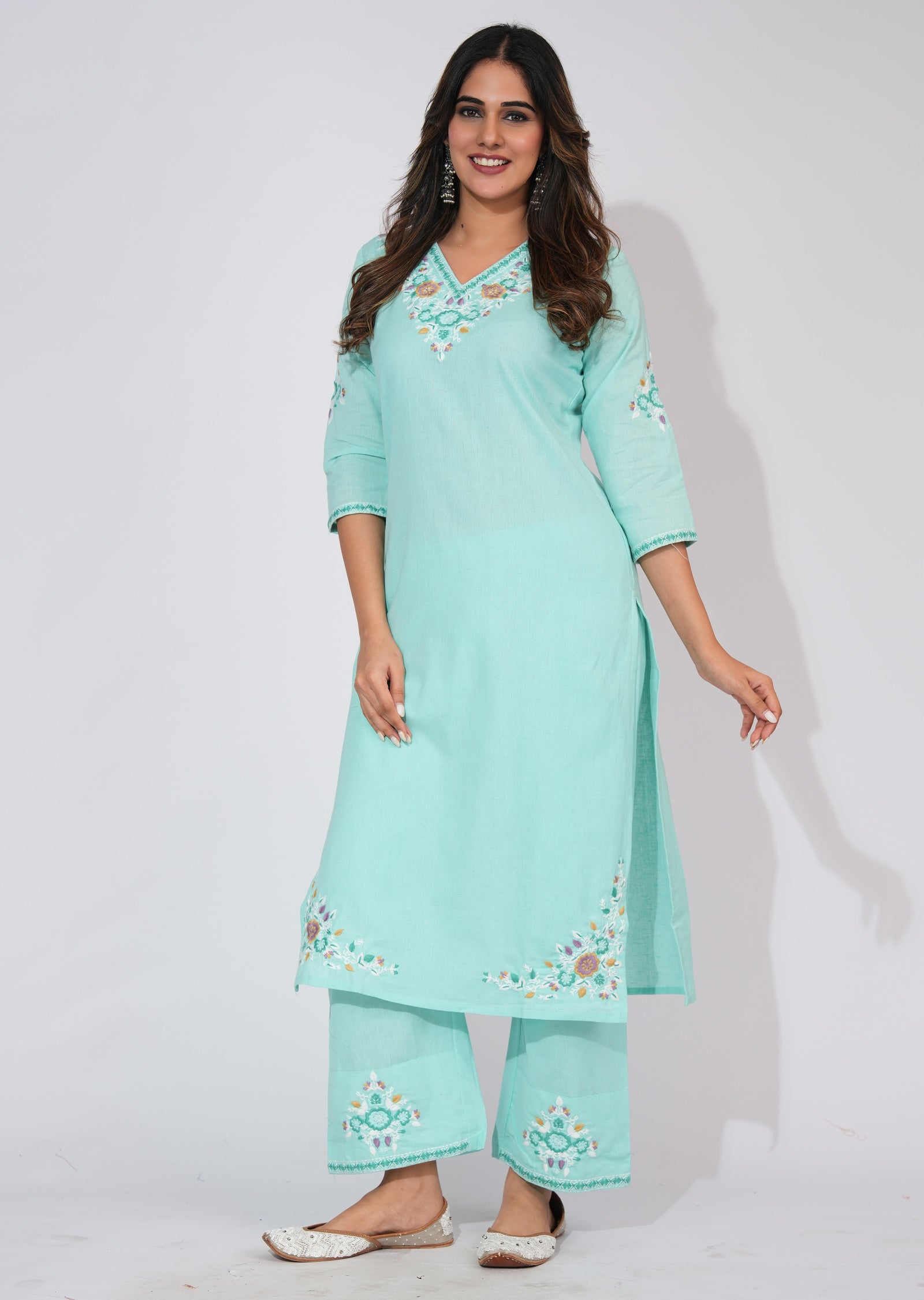 Light Green Cotton Straight cut Kurti set