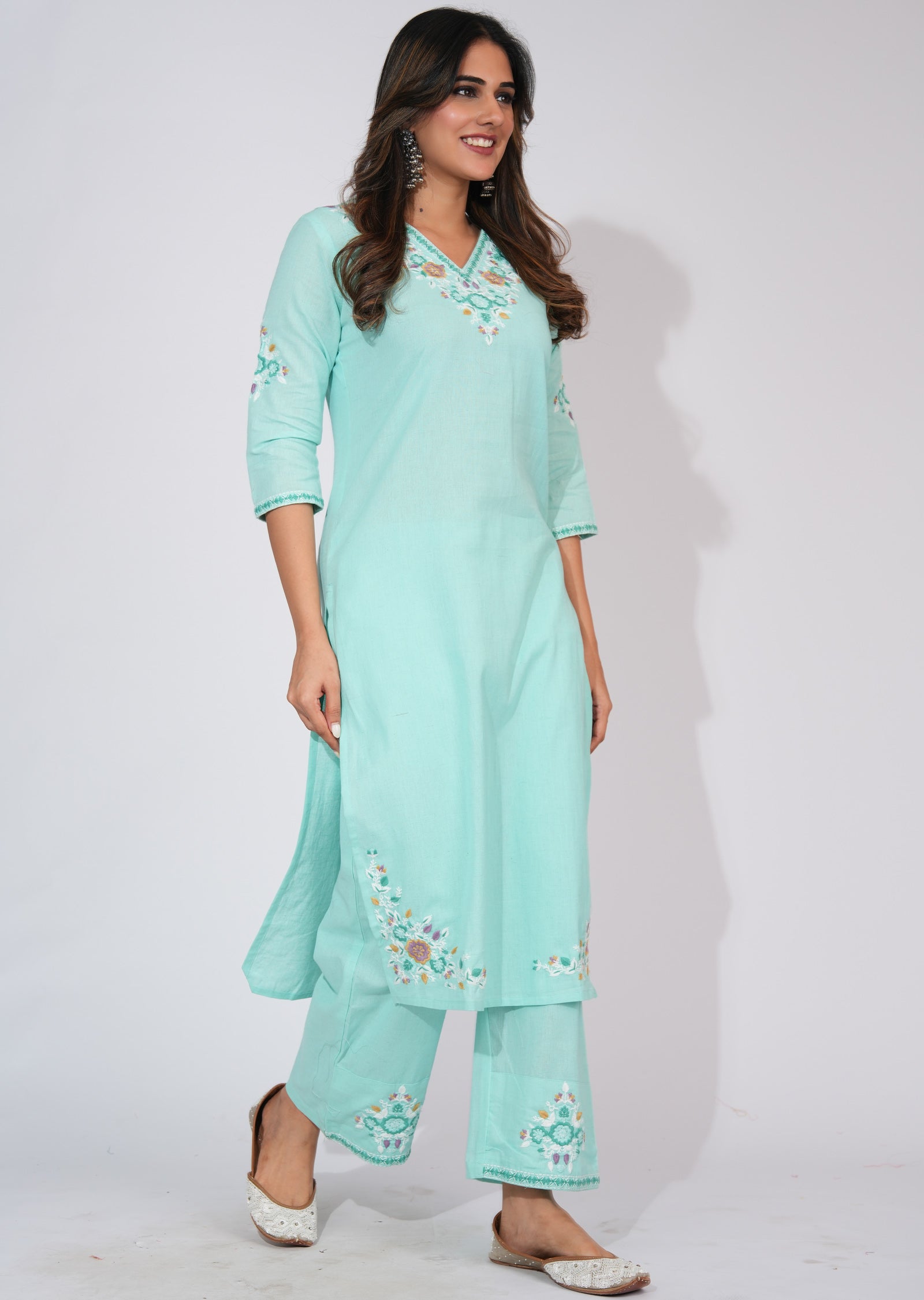 Light Green Cotton Straight cut Kurti set