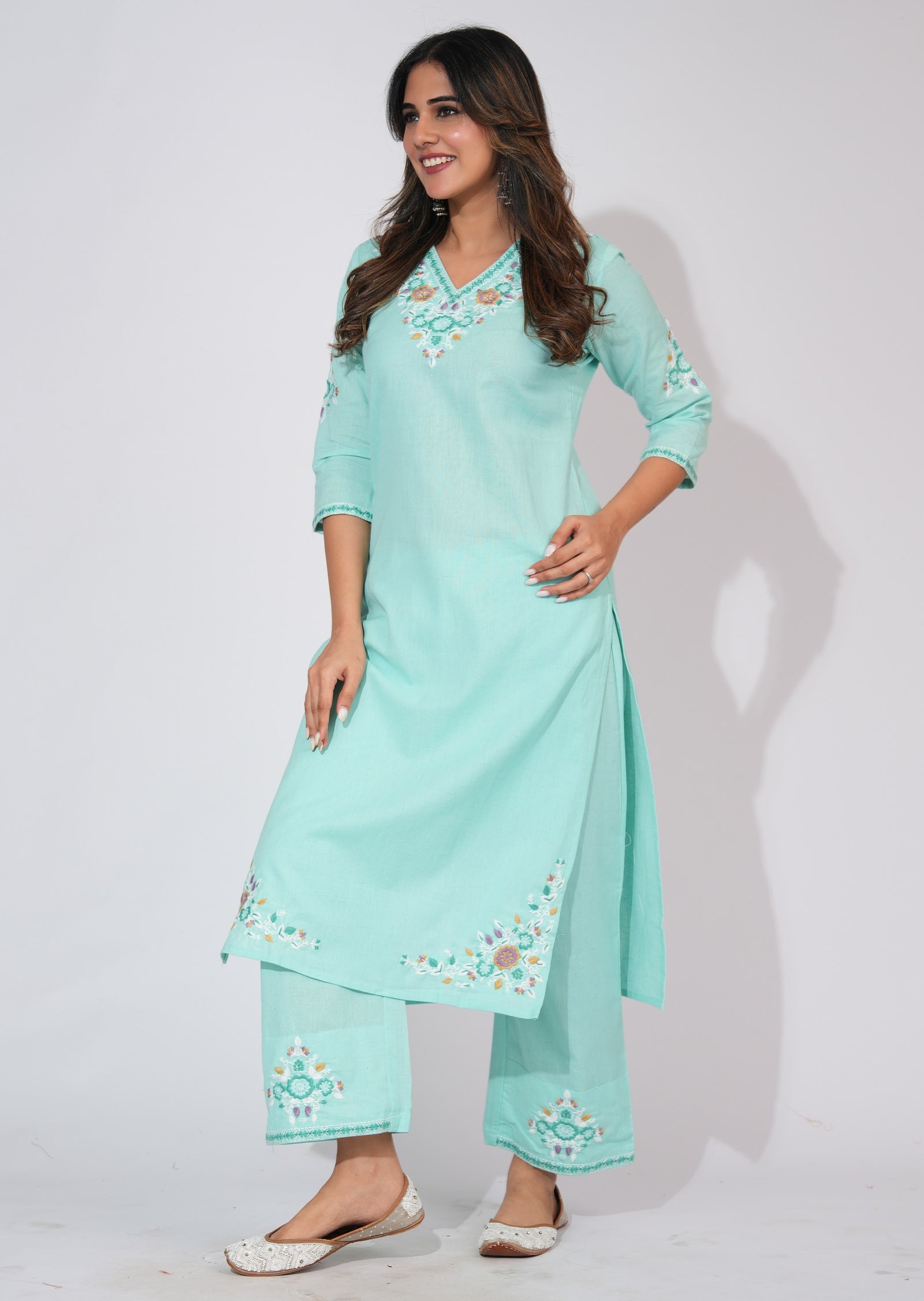 Light Green Cotton Straight cut Kurti set
