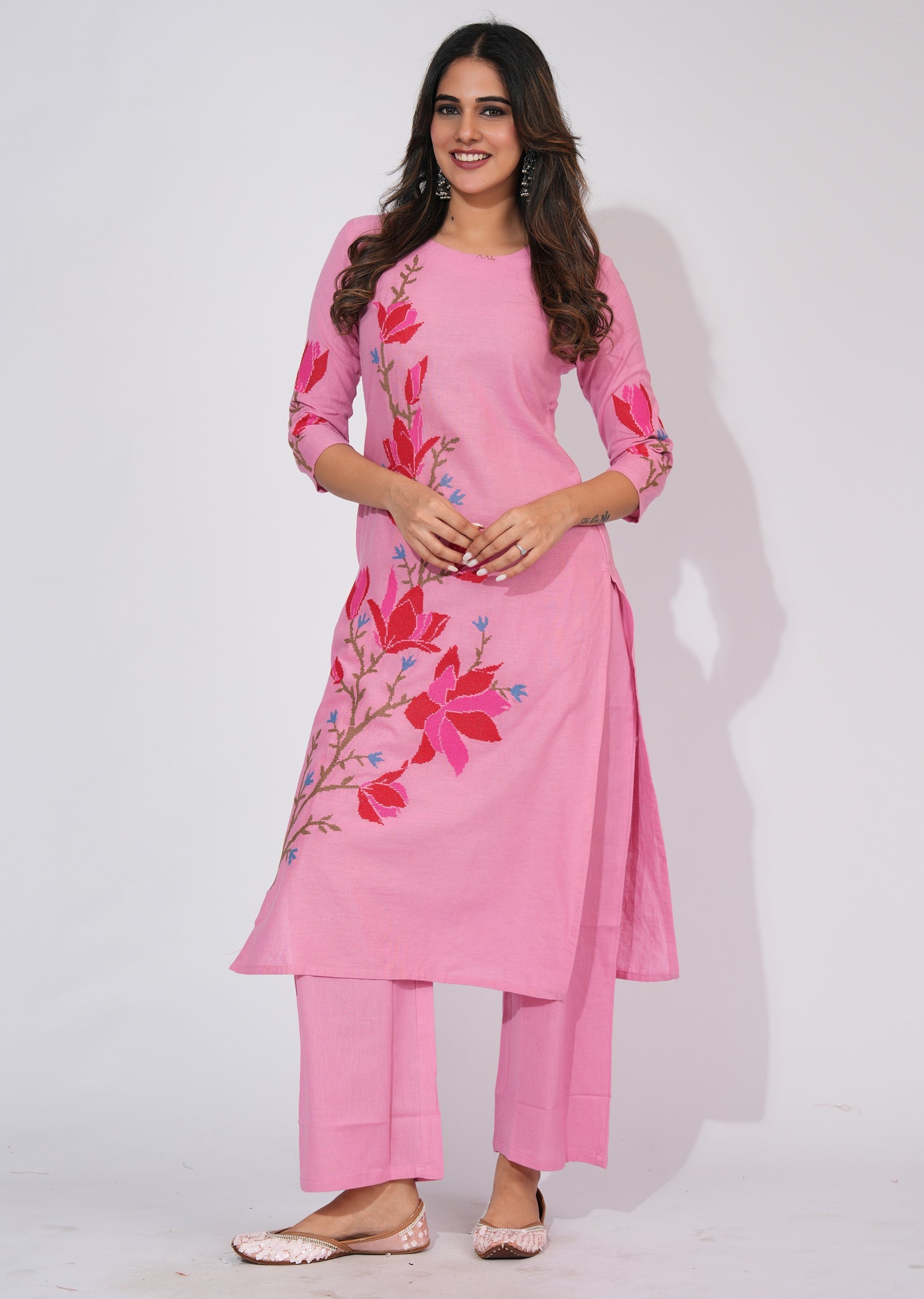 Pink Cotton Straight cut Kurti set