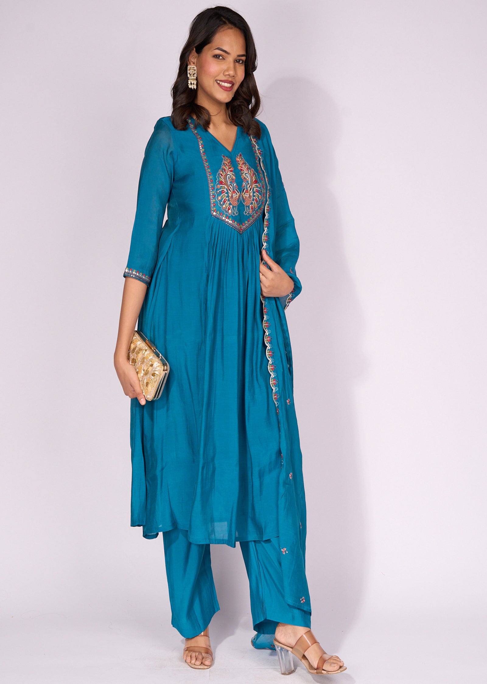 Rama Blue Silk Anarkali Suit