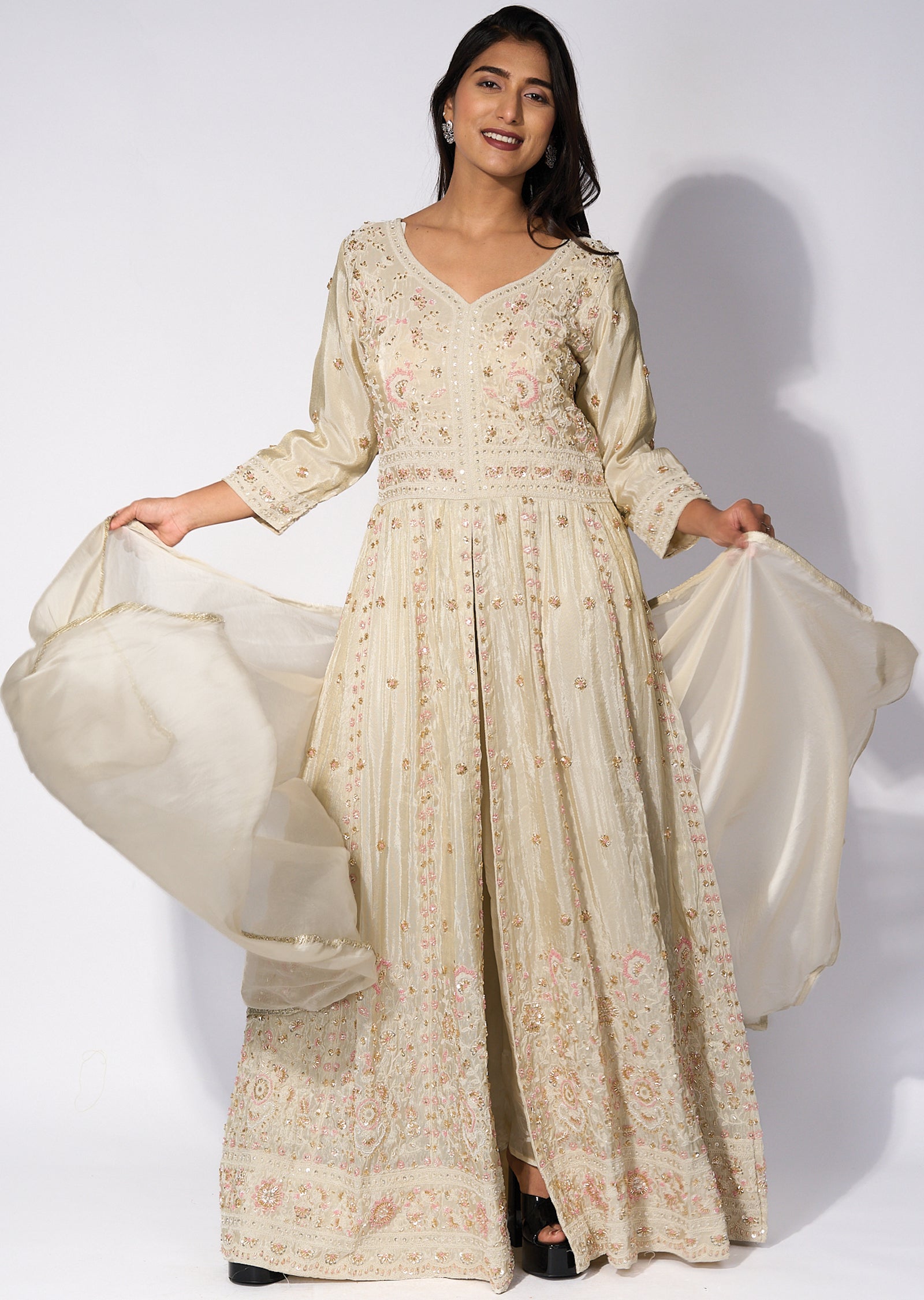Cream Tissue Front slit Anarkali