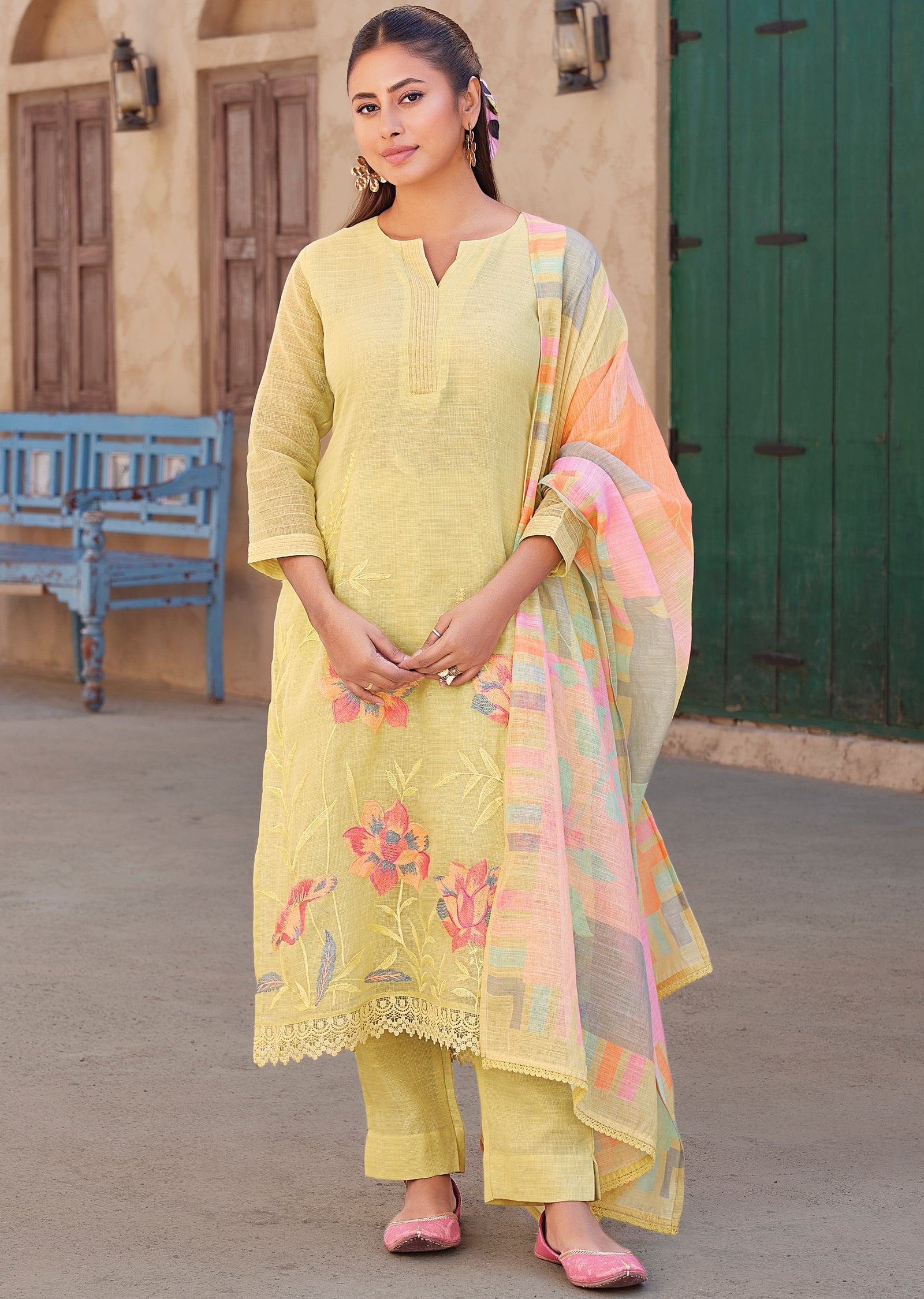 Yellow Straight cut kurti Set
