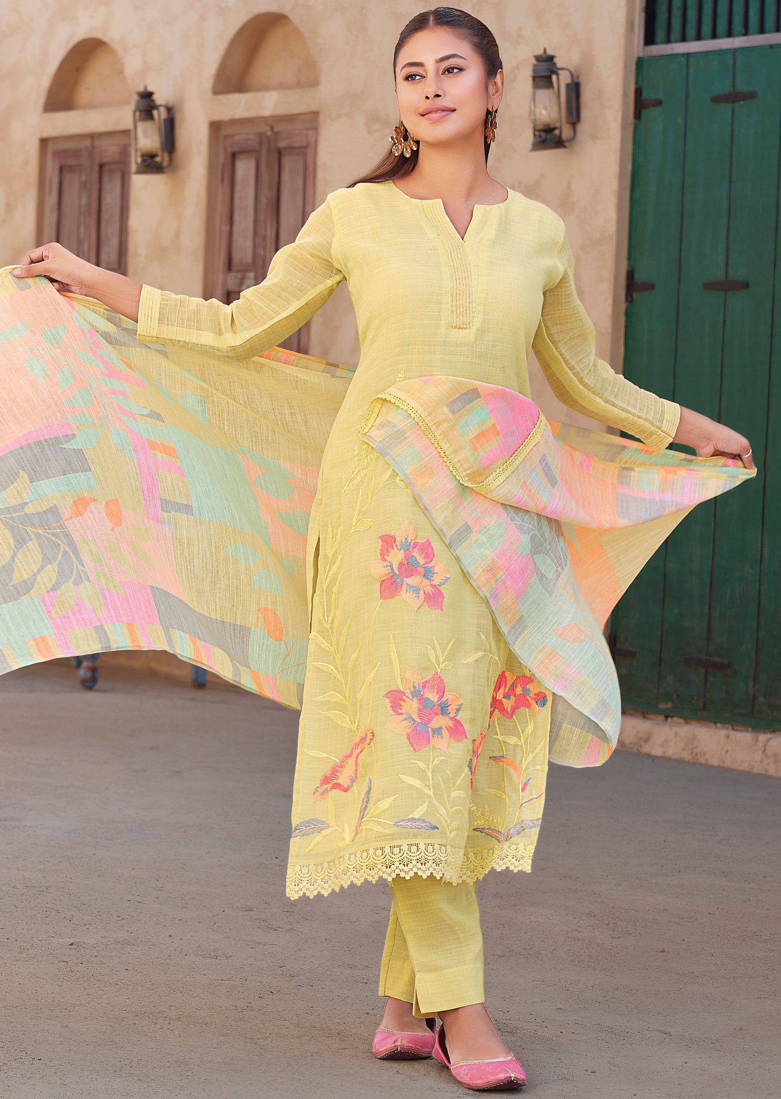Yellow Straight cut kurti Set