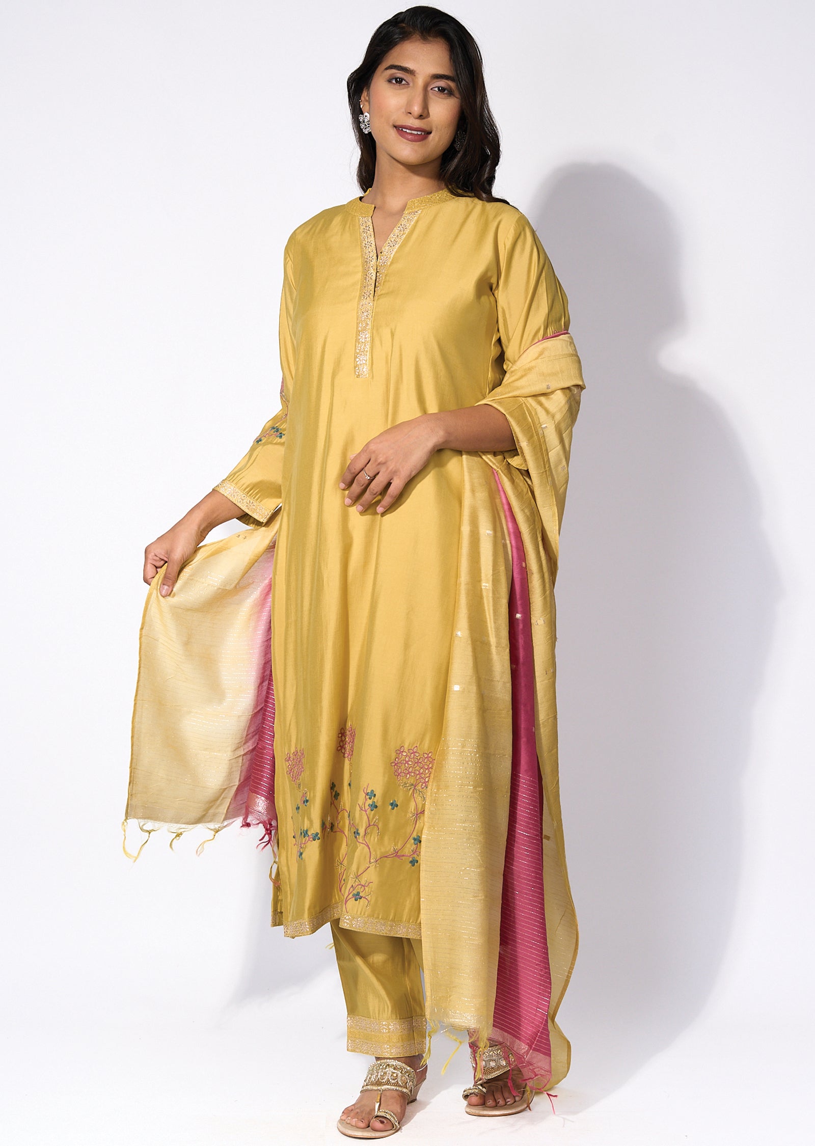 Yellow silk Straight cut kurti Set