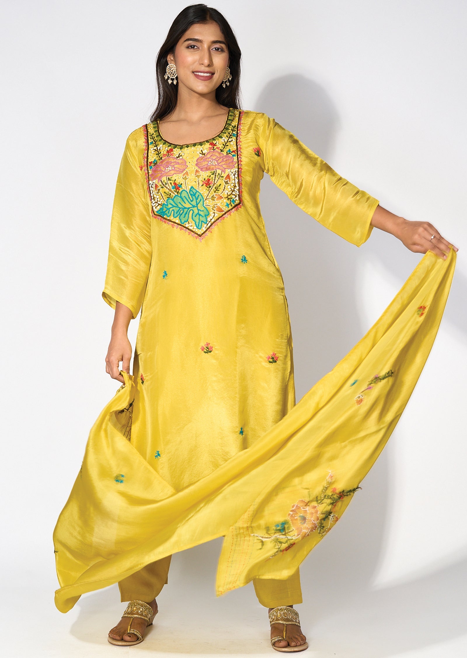 Yellow Tissue Straight cut kurti Set