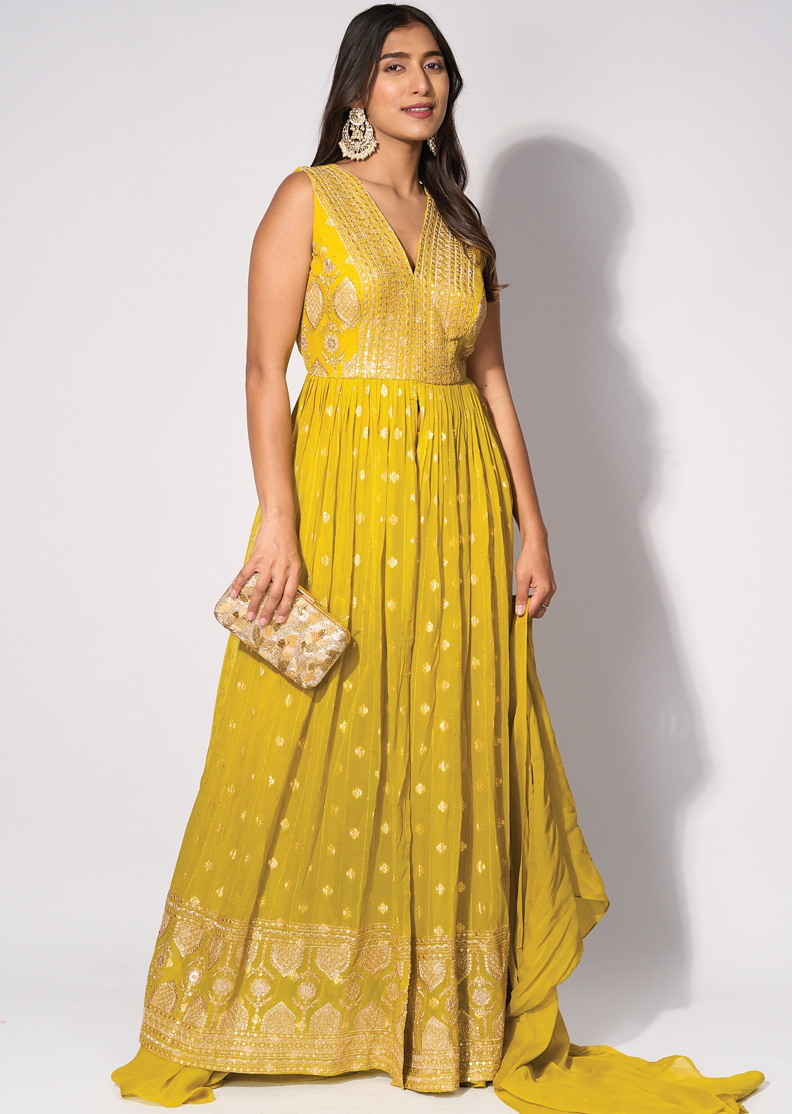 Green Georgette Front slit Anarkali