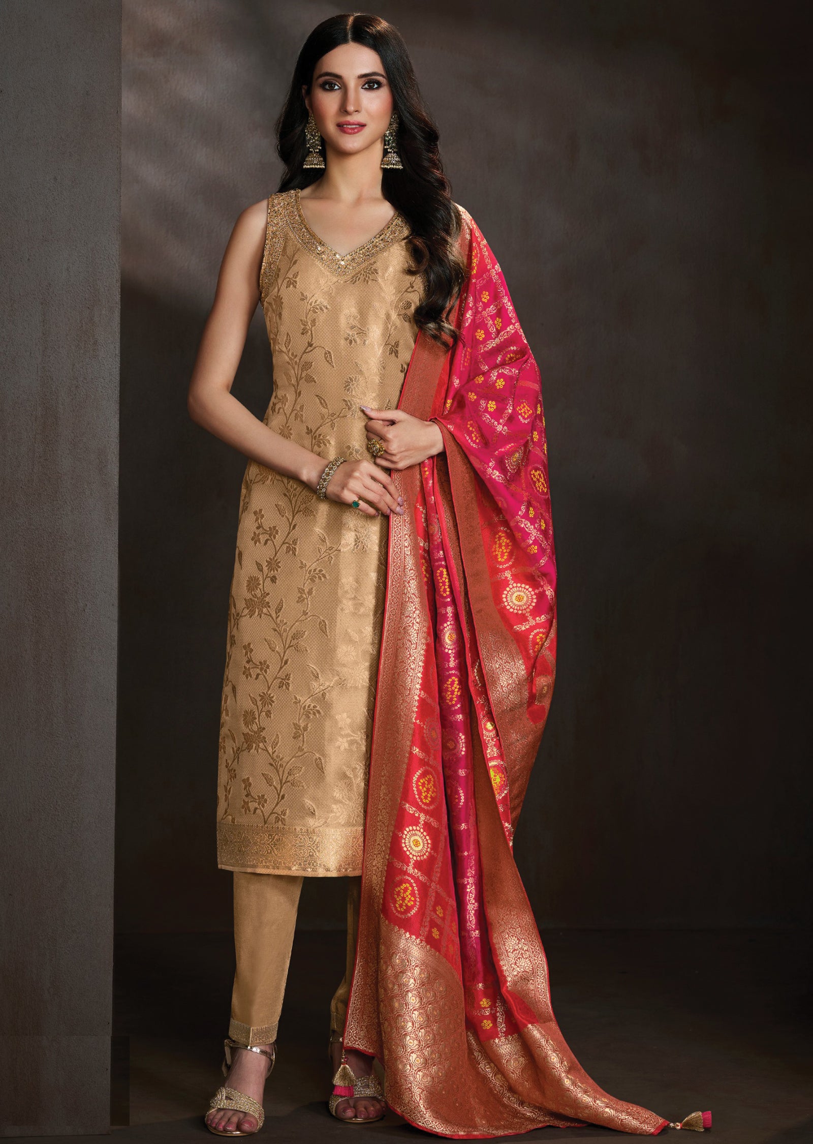 Beige Tissue Straight cut suit