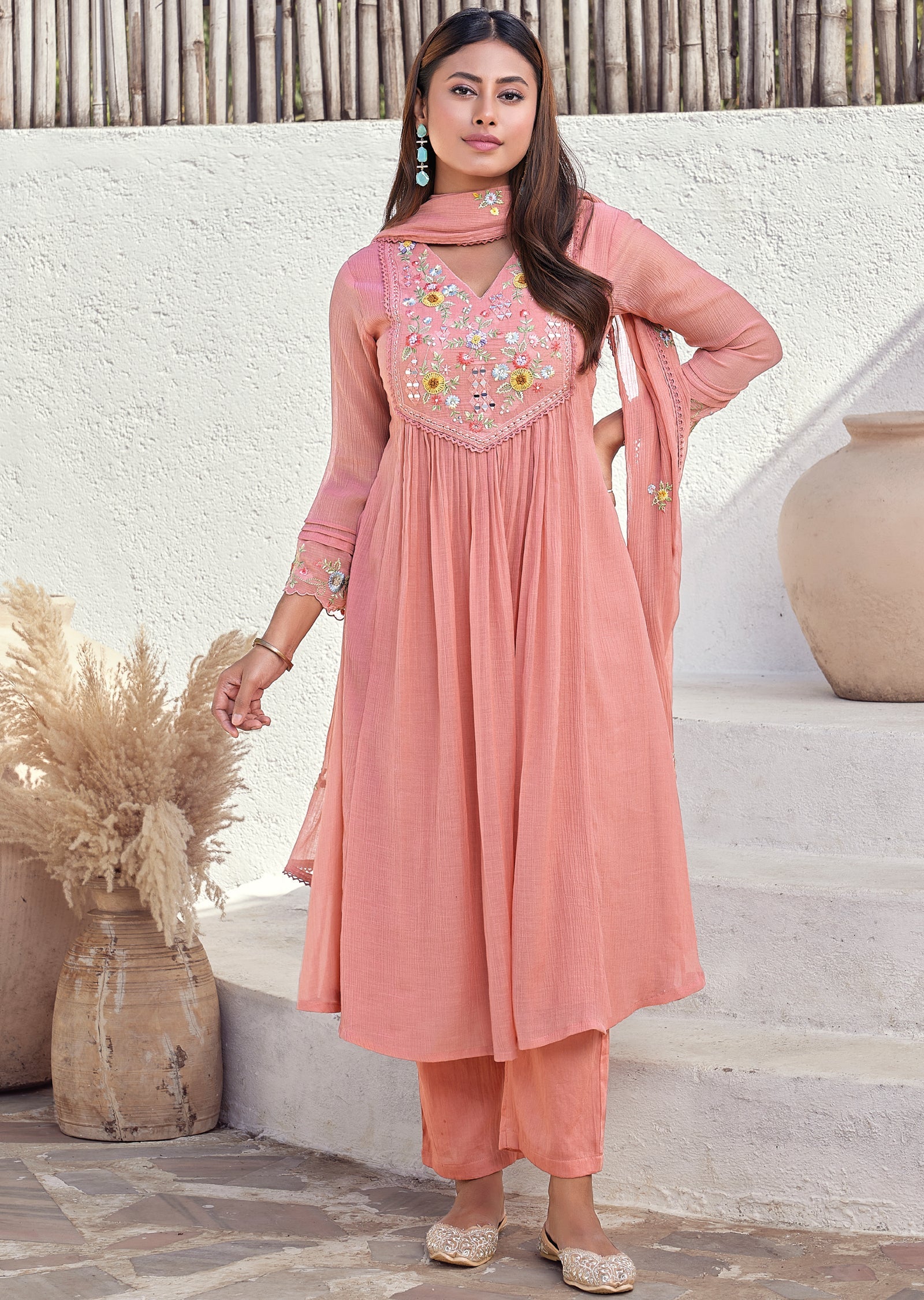 Pink Mul chanderi Anarkali