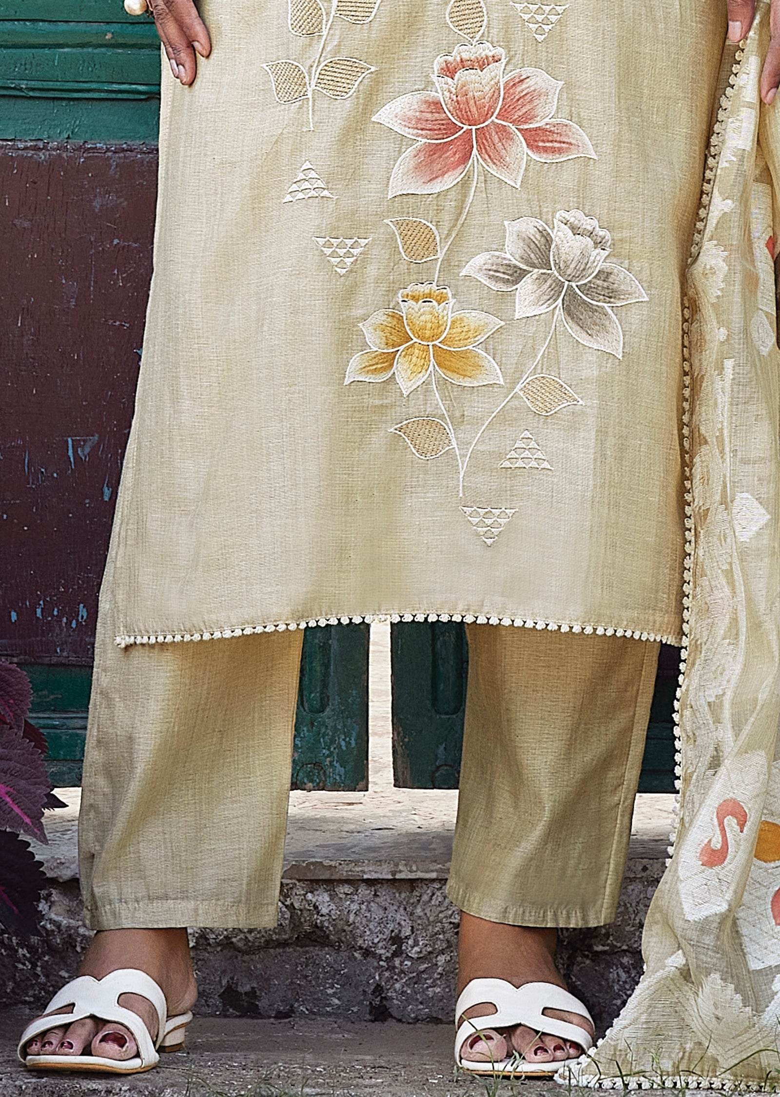 Beige Chanderi Straight cut kurti Set